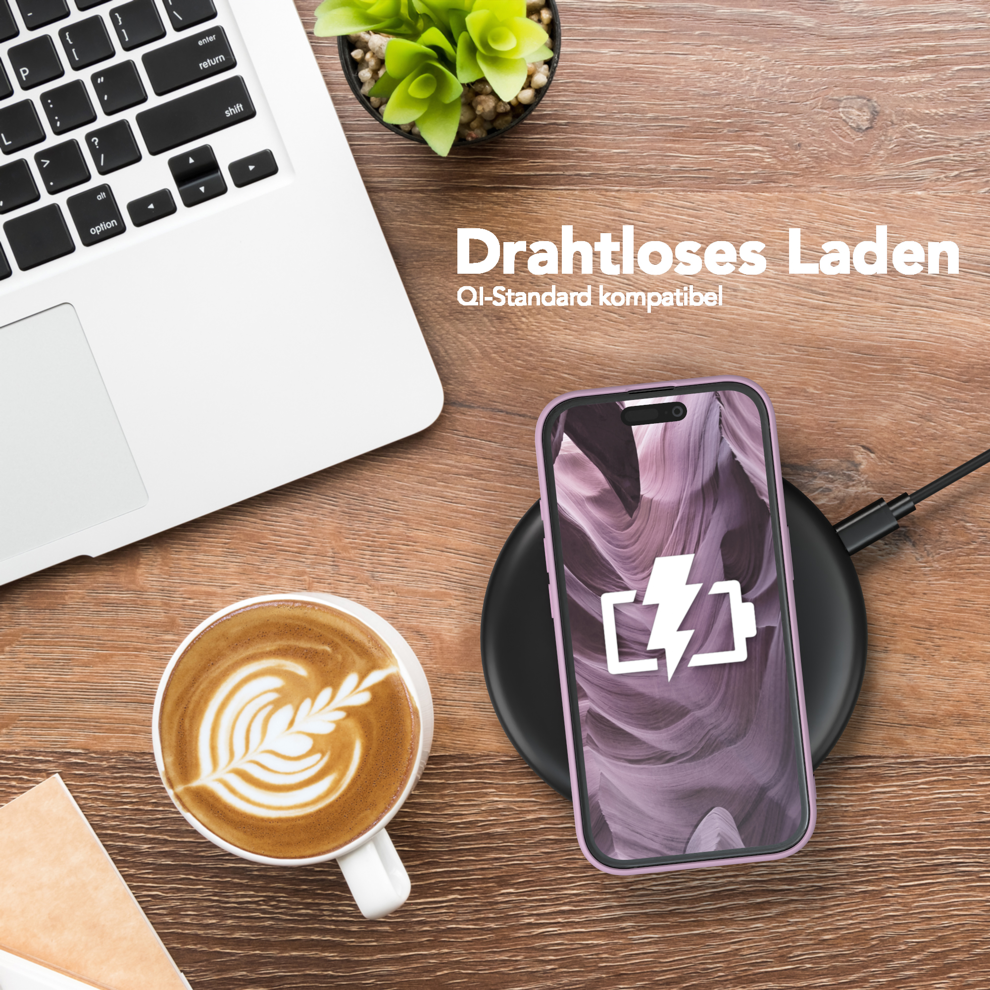 Telefon wird auf einem Pad geladen, neben einem Laptop und einem Kaffee. Text: Kabelloses Laden.