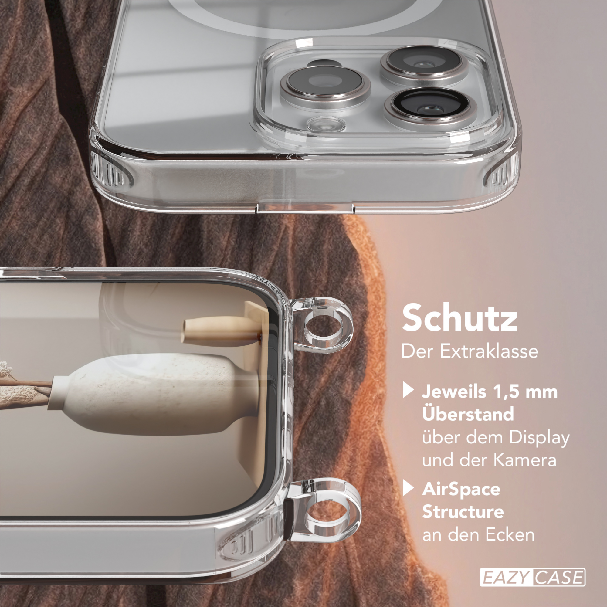 Nahaufnahme einer Handyhülle mit durchsichtigem Rücken, die ein Telefon zeigt.