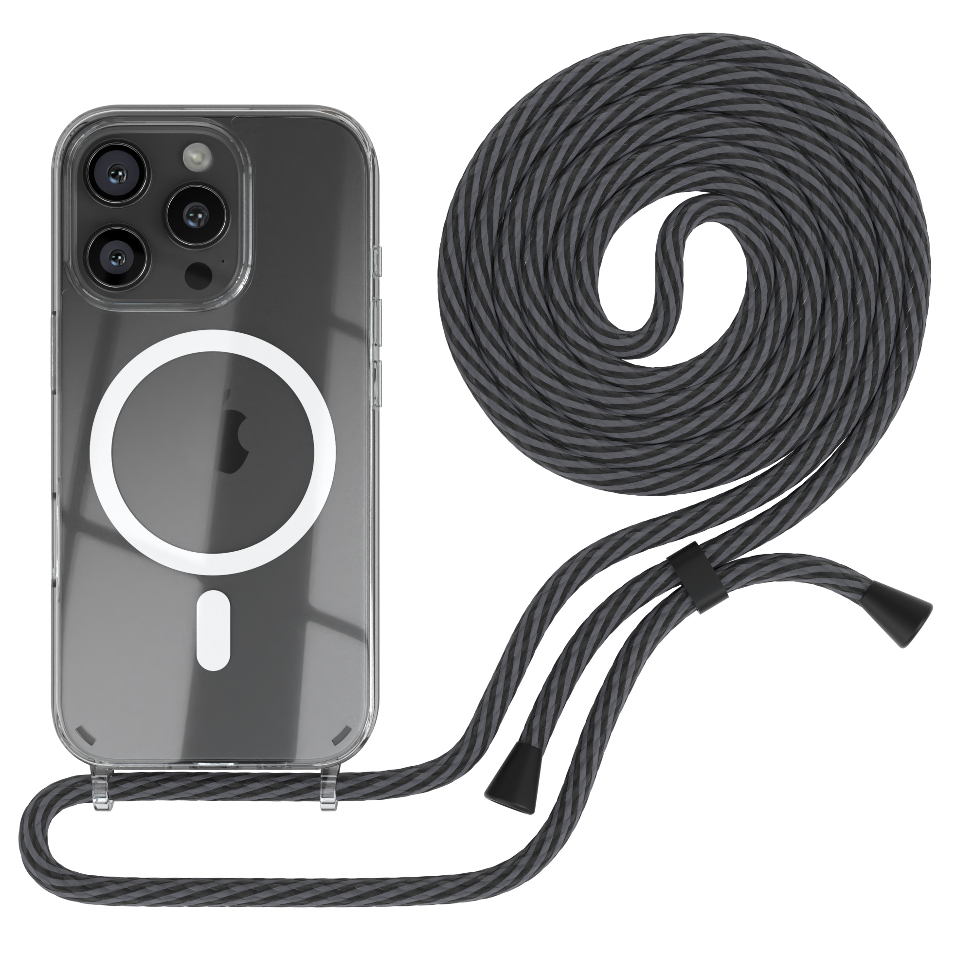 iPhone mit durchsichtiger Hülle und Lanyard. Das Lanyard ist grau und schwarz.