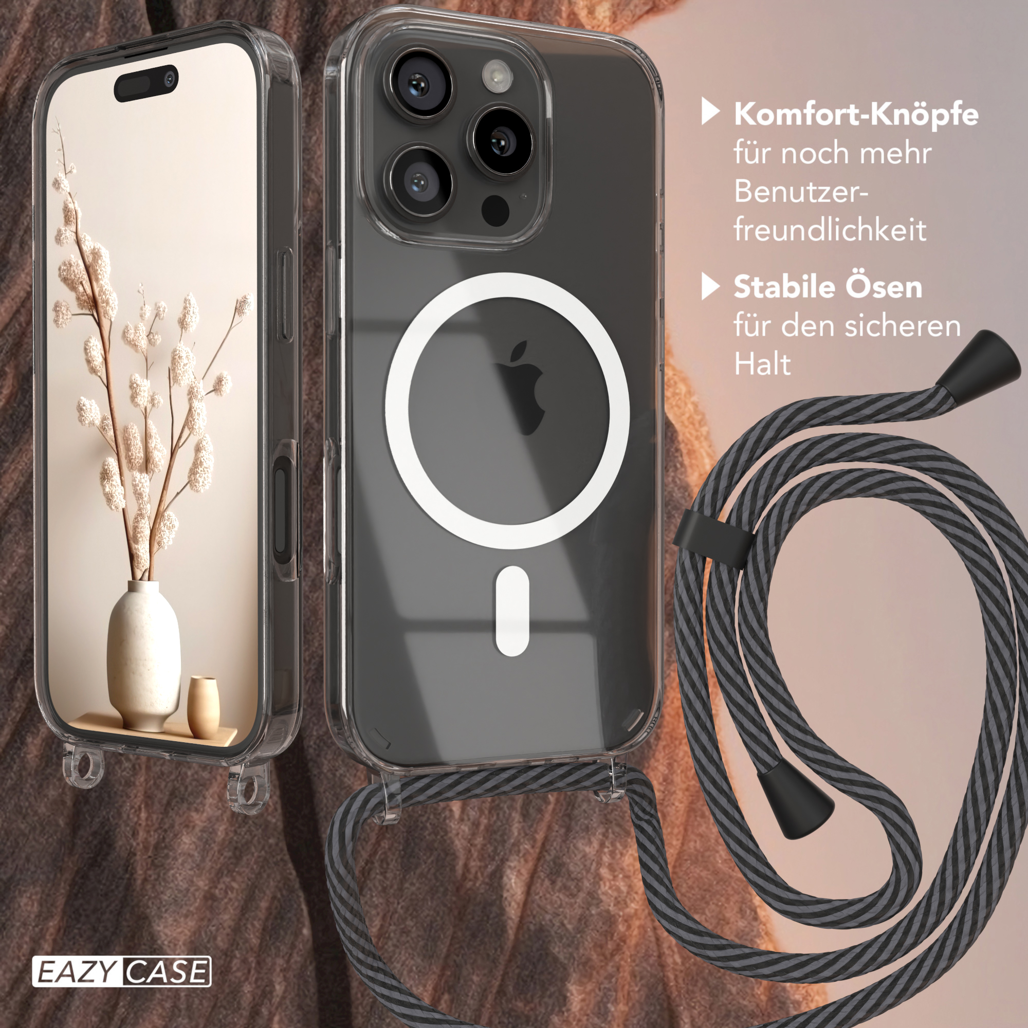 Zwei Telefone in transparenten Hüllen mit Kordel. Text: Komfort-Knöpfe, stabile Ösen.