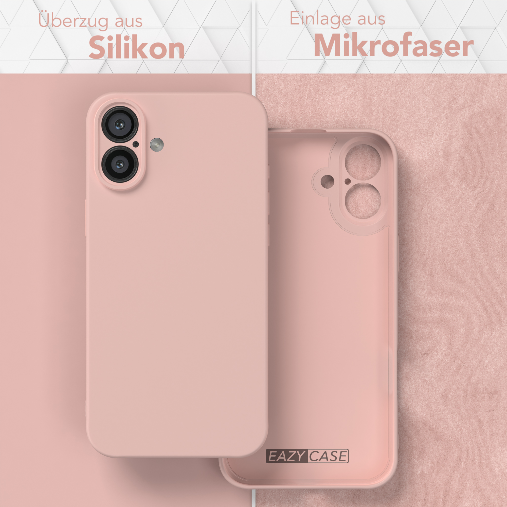 Eine pinke Handyhülle, in zwei Teile geteilt. Eine Seite zeigt Silikon, die andere Mikrofaserfutter.