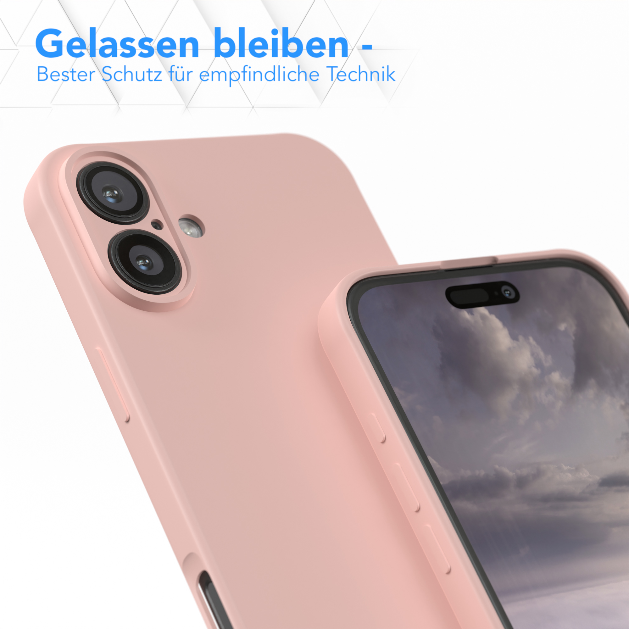 Nahaufnahme einer rosa Handyhülle neben einem Telefon in einer rosa Hülle. Weißer Hintergrund.
