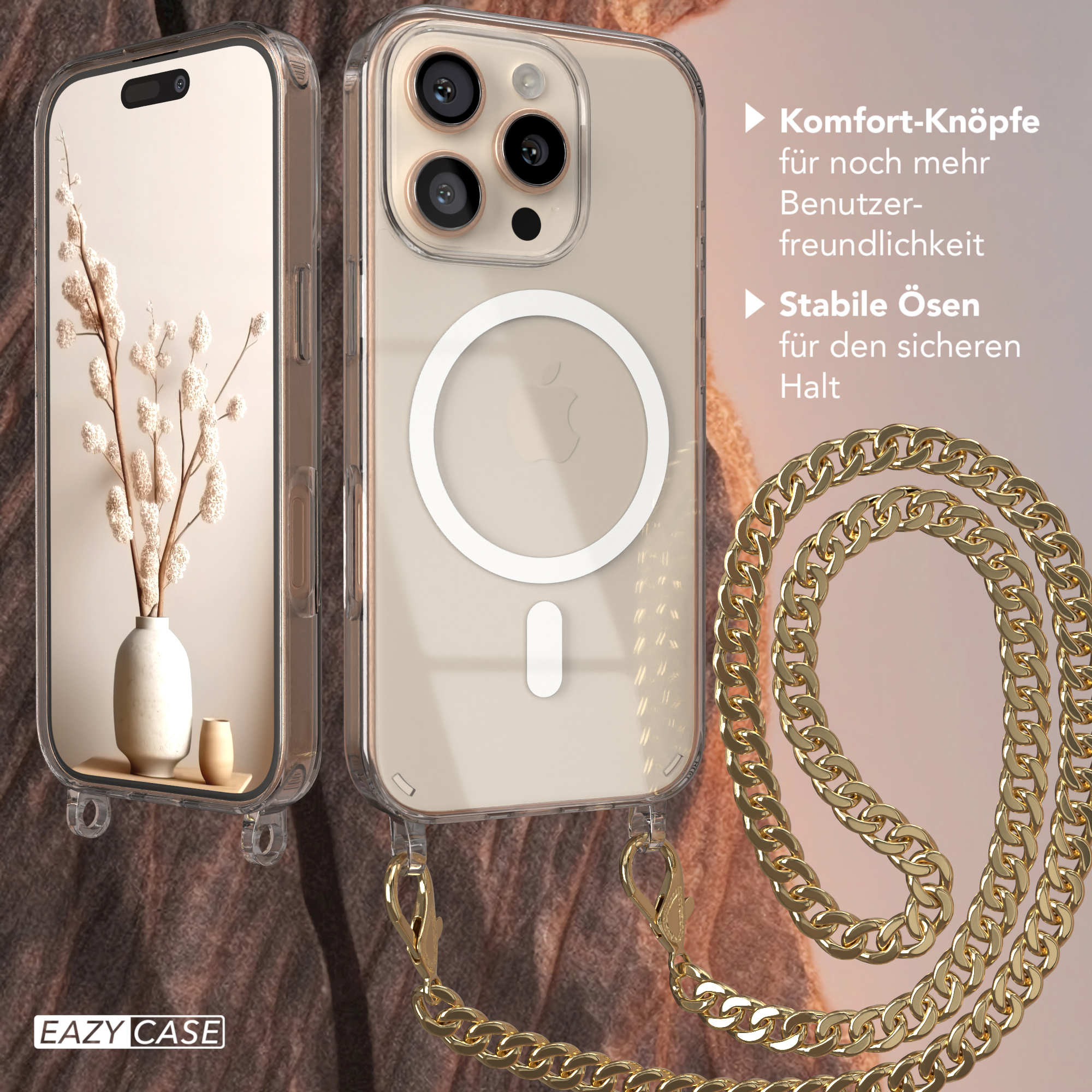 Transparente Handyhülle mit goldener Kette, die ein Telefon hält, und eine Vase mit Pflanzen.