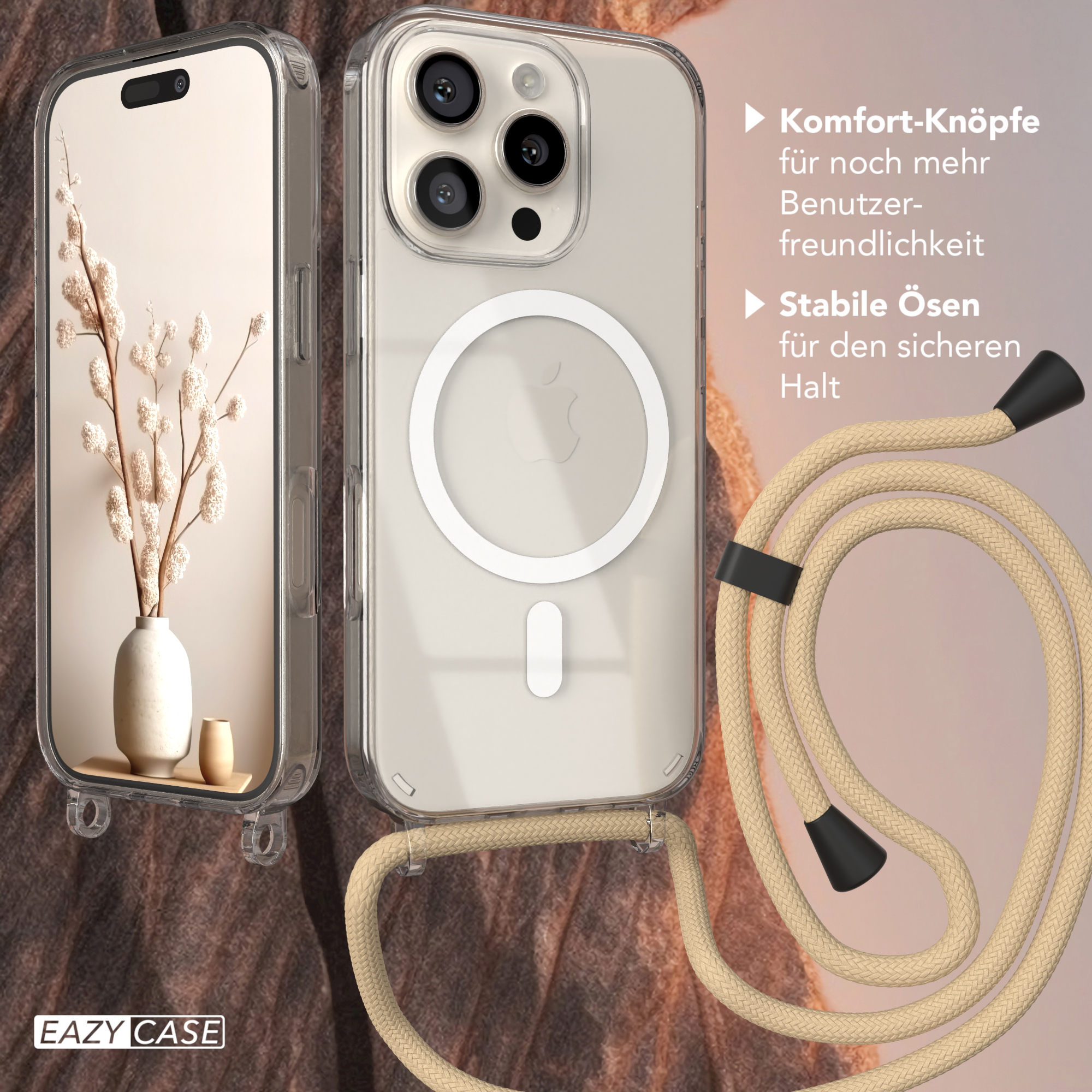 Transparente Handyhülle mit beigem Band. Telefon mit Vase und Blumen. Die Hülle hat einen Magnetring.