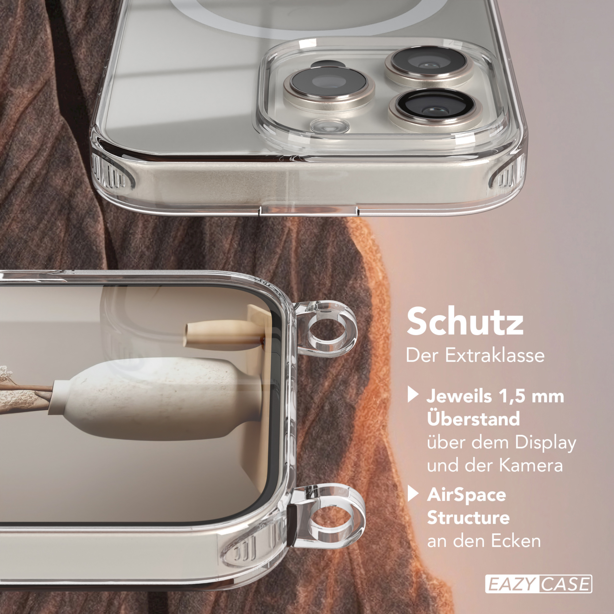 Nahaufnahme einer transparenten Handyhülle, die die Kamera des Telefons und das Design zeigt.