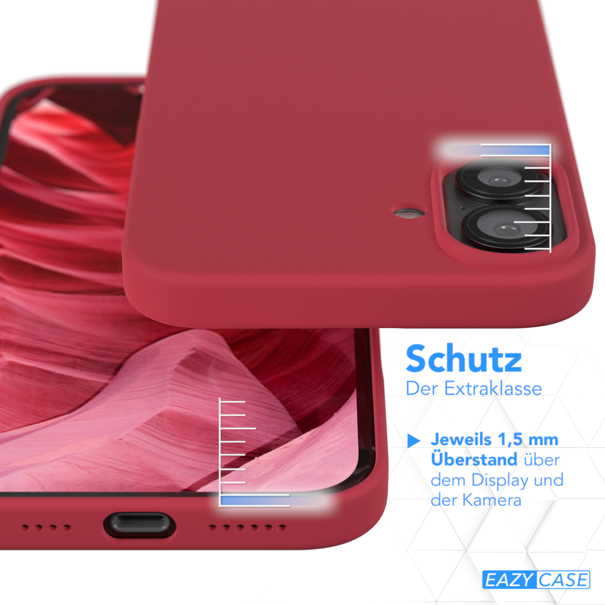 Nahaufnahme einer roten Handyhülle mit Kameraausschnitt, über einem Telefon platziert.