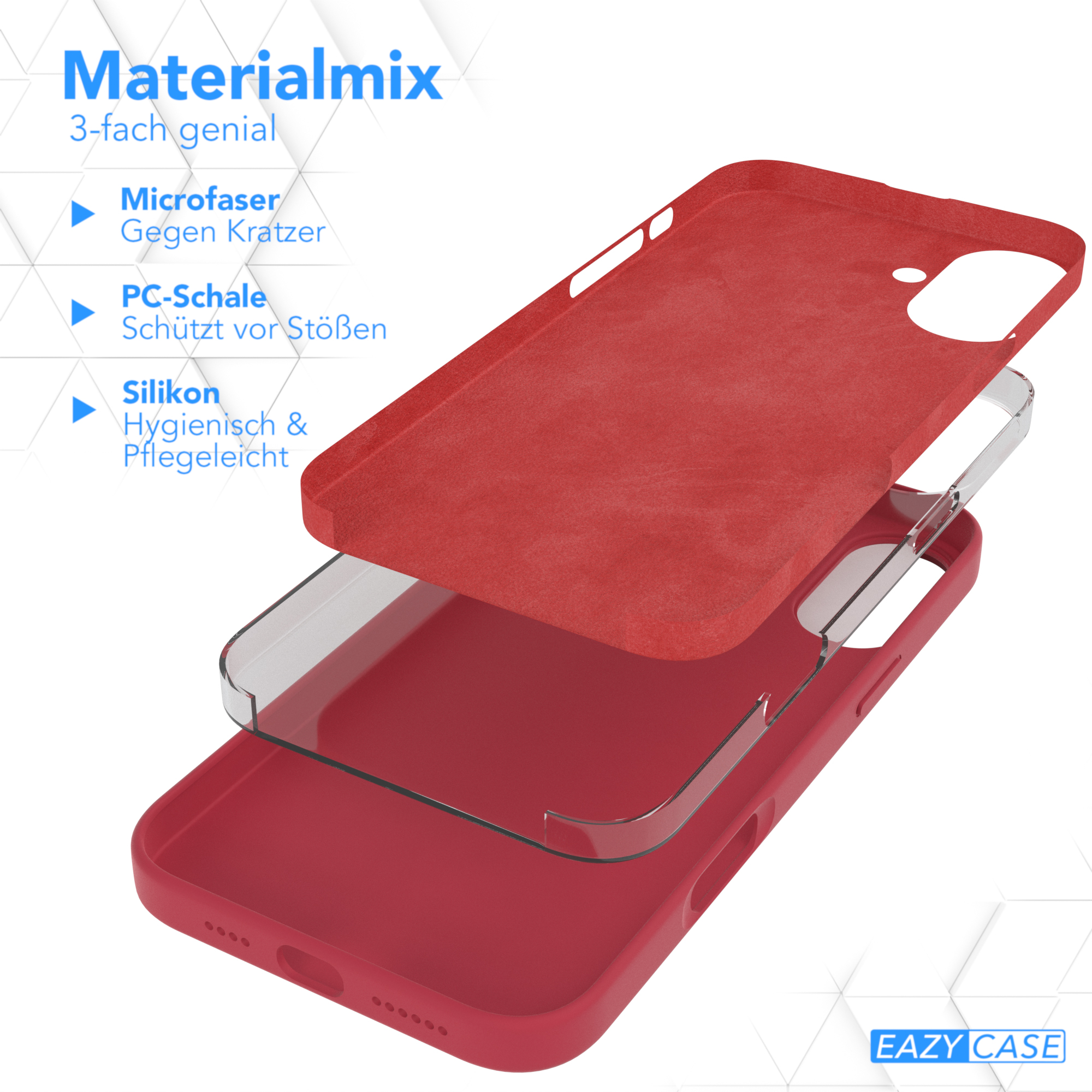 Dreischichtige Handyhülle in Rot. Schichten umfassen Mikrofaser, PC-Schale und Silikon.