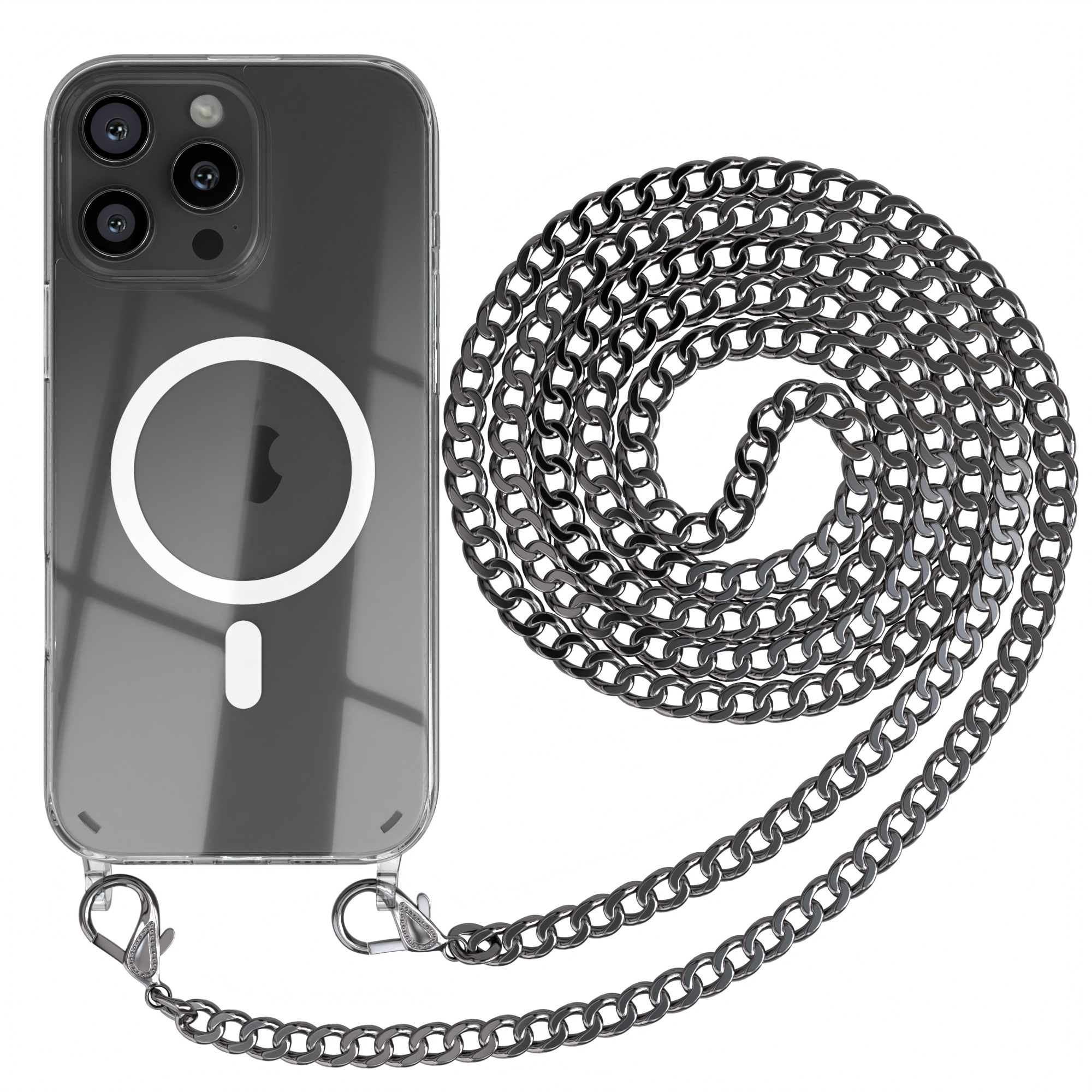Telefon in transparenter Hülle mit schwarzer Kette, weißer Hintergrund.