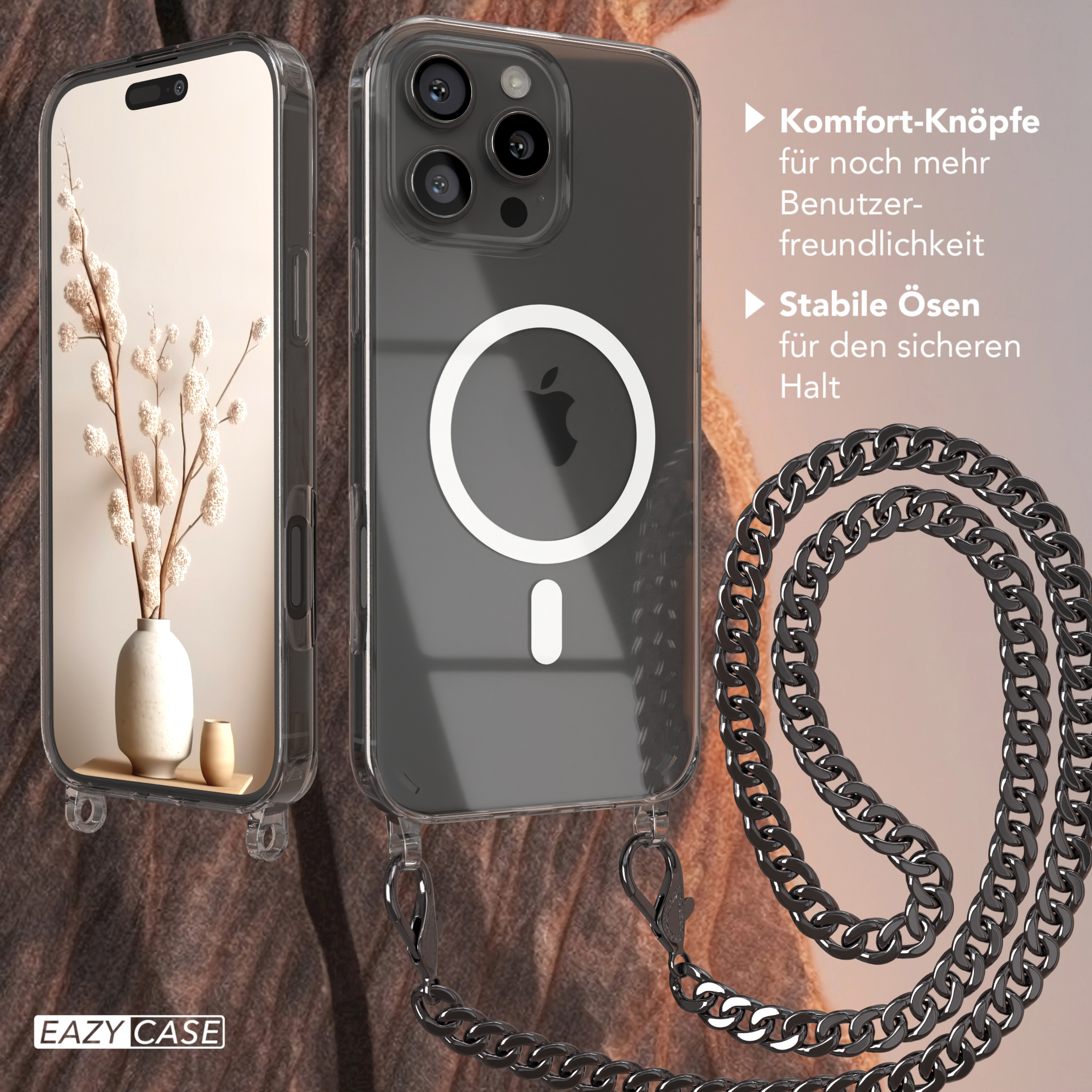 Transparente Handyhülle mit schwarzer Kette. Ein Telefon befindet sich in der Hülle mit einem Apple-Logo.
