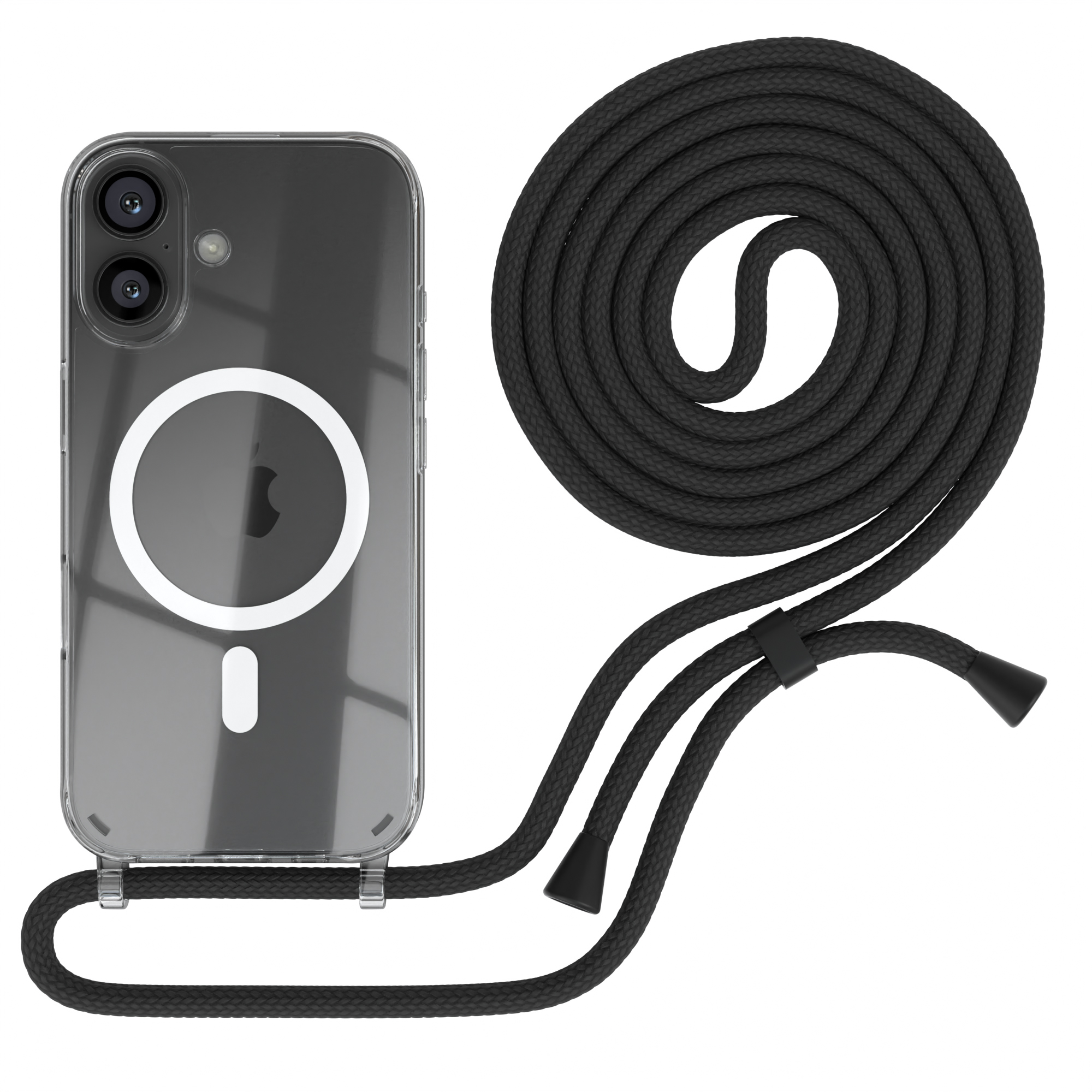 Transparente Handyhülle mit schwarzem Kordel-Lanyard auf weißem Hintergrund.