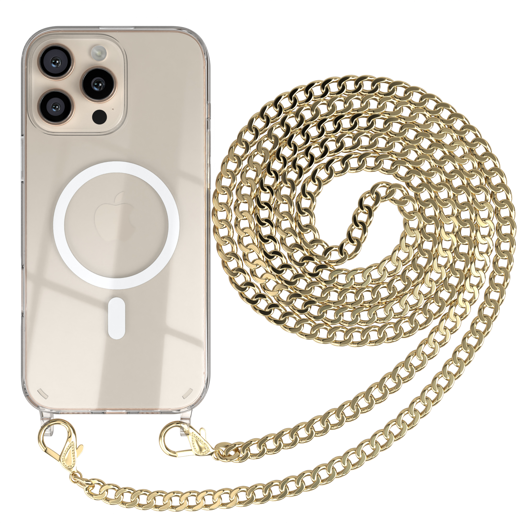 Handyhülle mit goldener Kette, auf weißem Hintergrund.