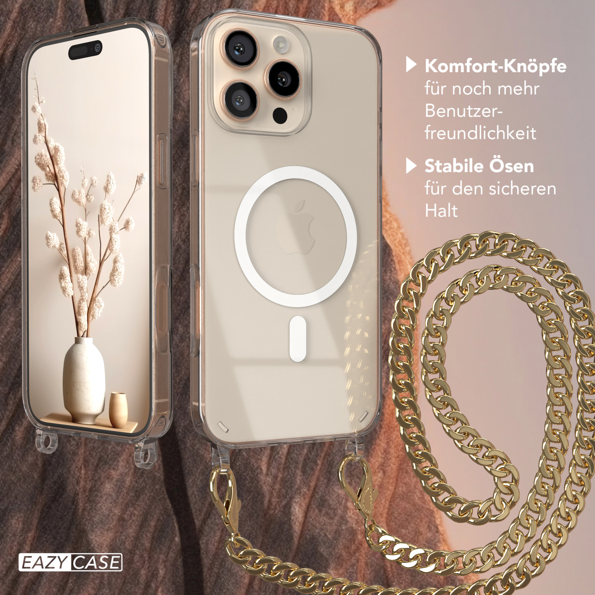 Eine transparente Handyhülle mit goldener Kette. Ein Telefon mit weißem Kreis hinten.