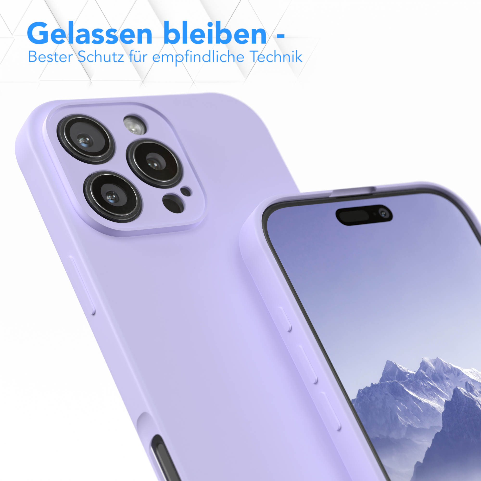Lila Handyhülle, Nahaufnahme, Rückseite des Telefons sichtbar, auf blauer Oberfläche.