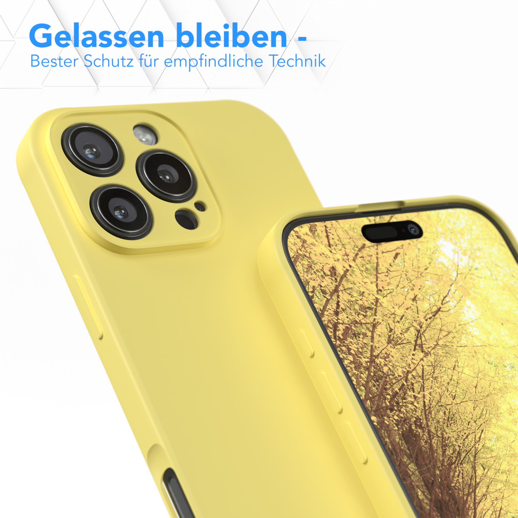 Gelbe Handyhülle auf einem Telefon. Das Telefon zeigt ein Herbstlaubbild. Nahaufnahme.