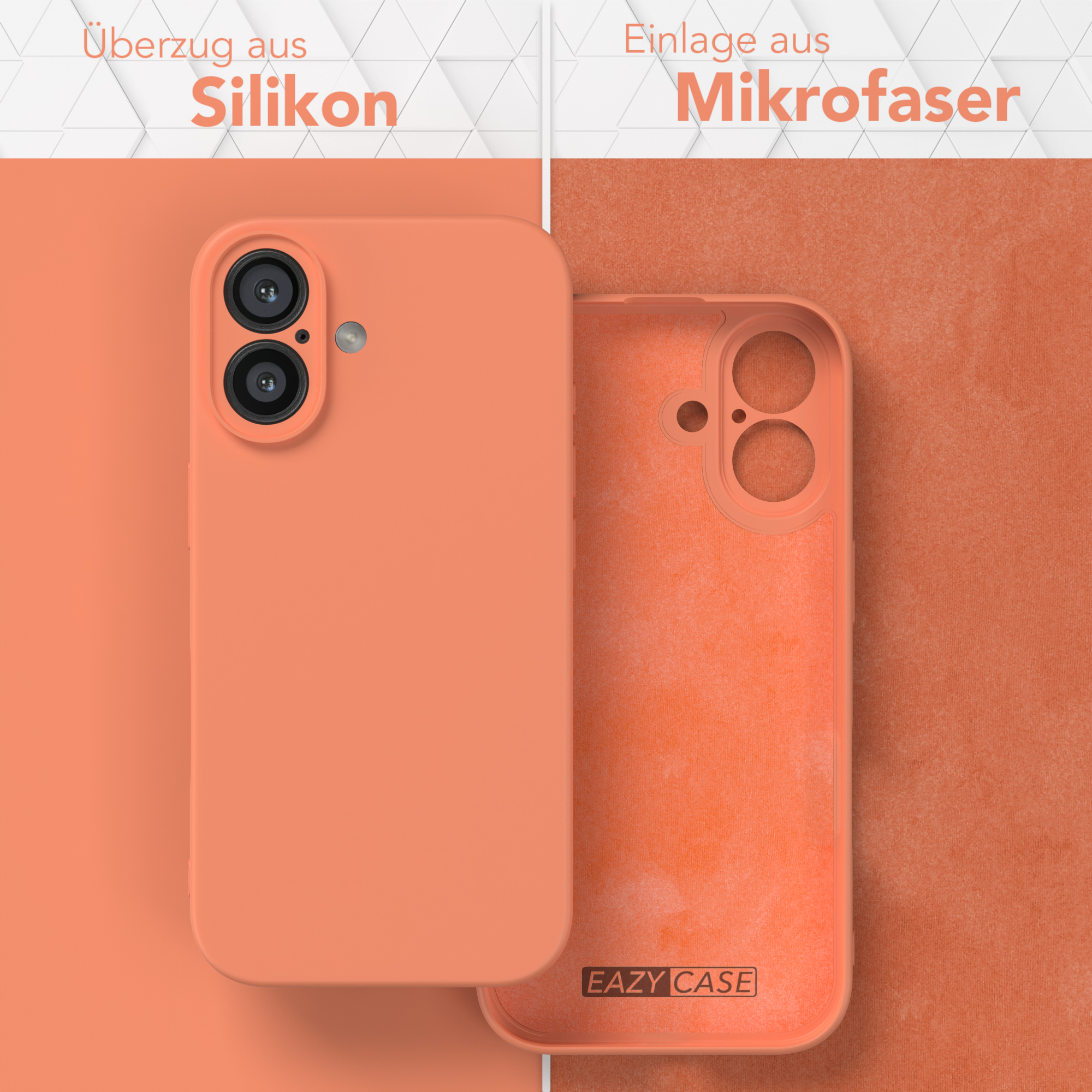 Eine orangefarbene Handyhülle mit Silikon außen und Mikrofaser innen. Die Hülle ist geöffnet und geschlossen.