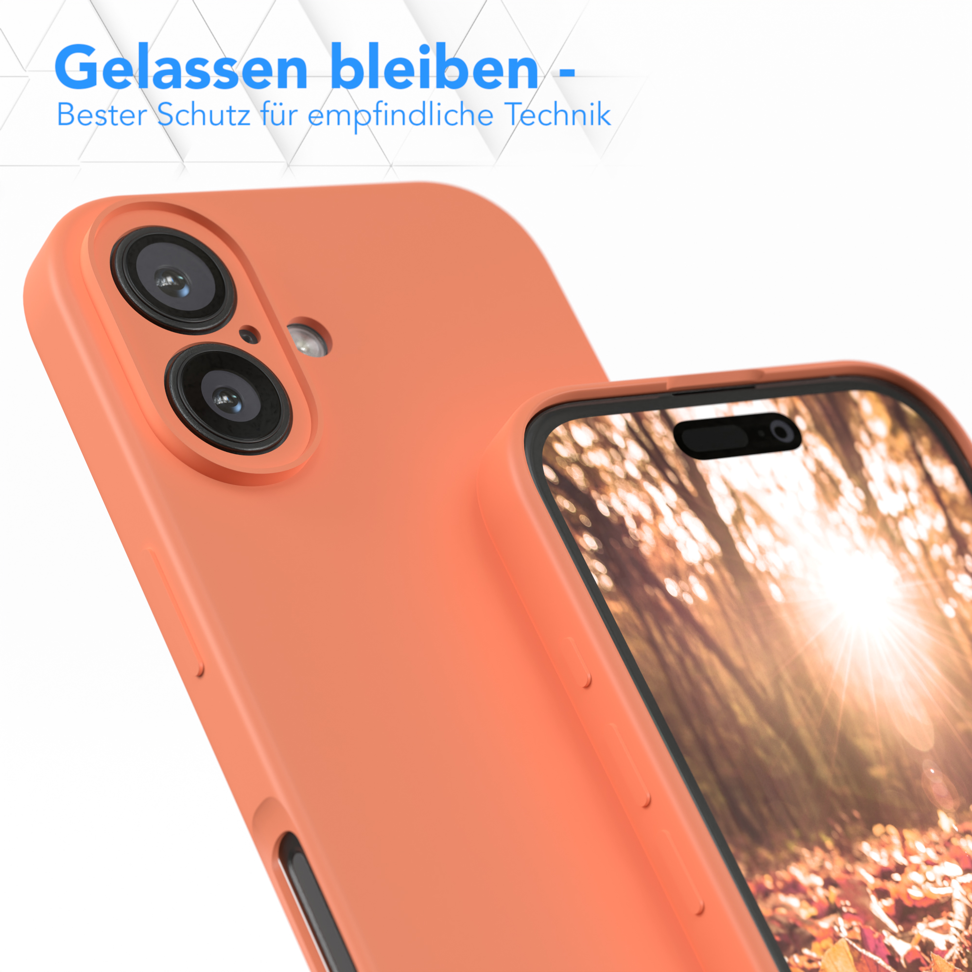 Orangefarbene Handyhülle. Zeigt ein Telefon im Inneren. Verschwommener Hintergrund einer Waldszene.