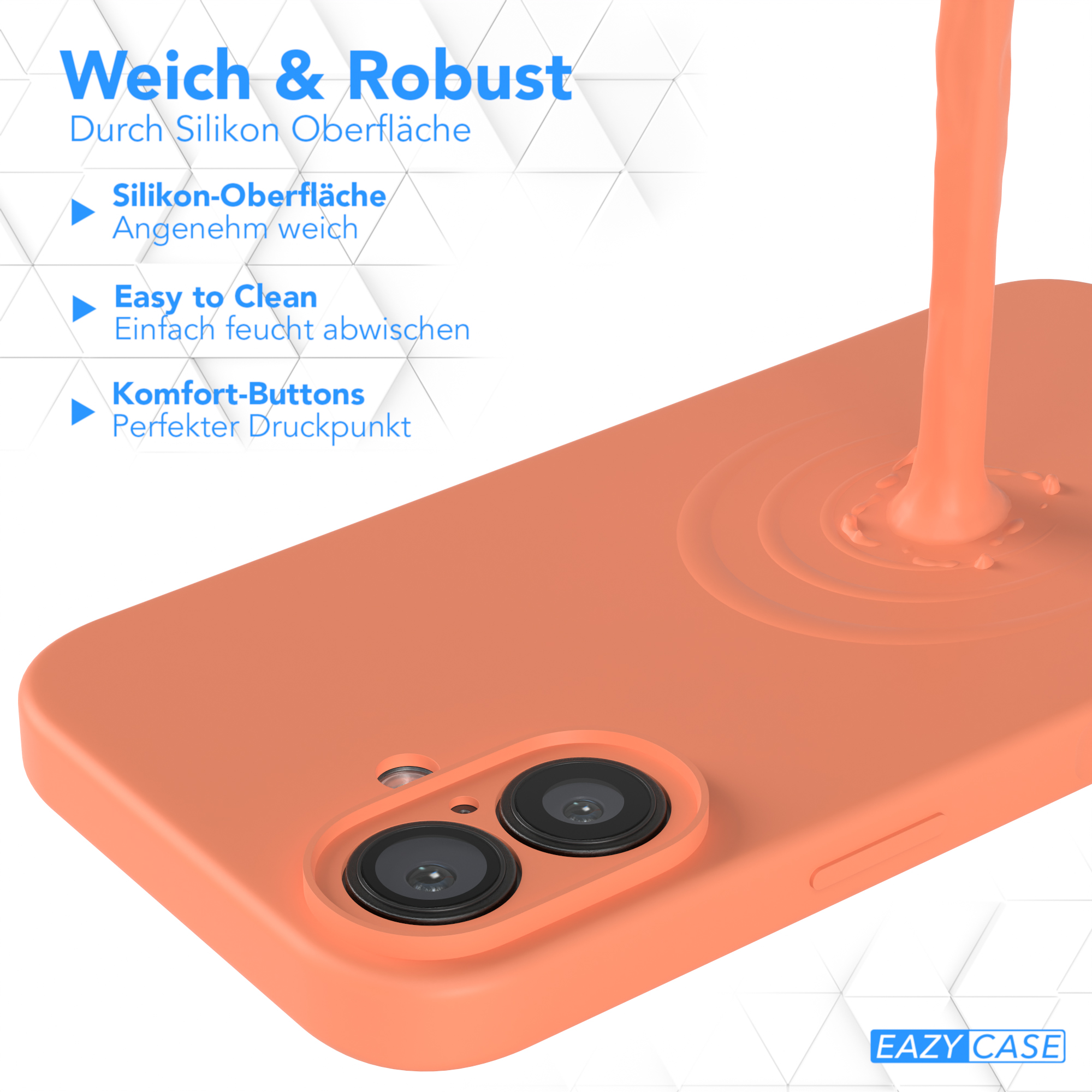 Orangefarbene Handyhülle. Silikonoberfläche. Leicht zu reinigen. Schwarzer Hintergrund.