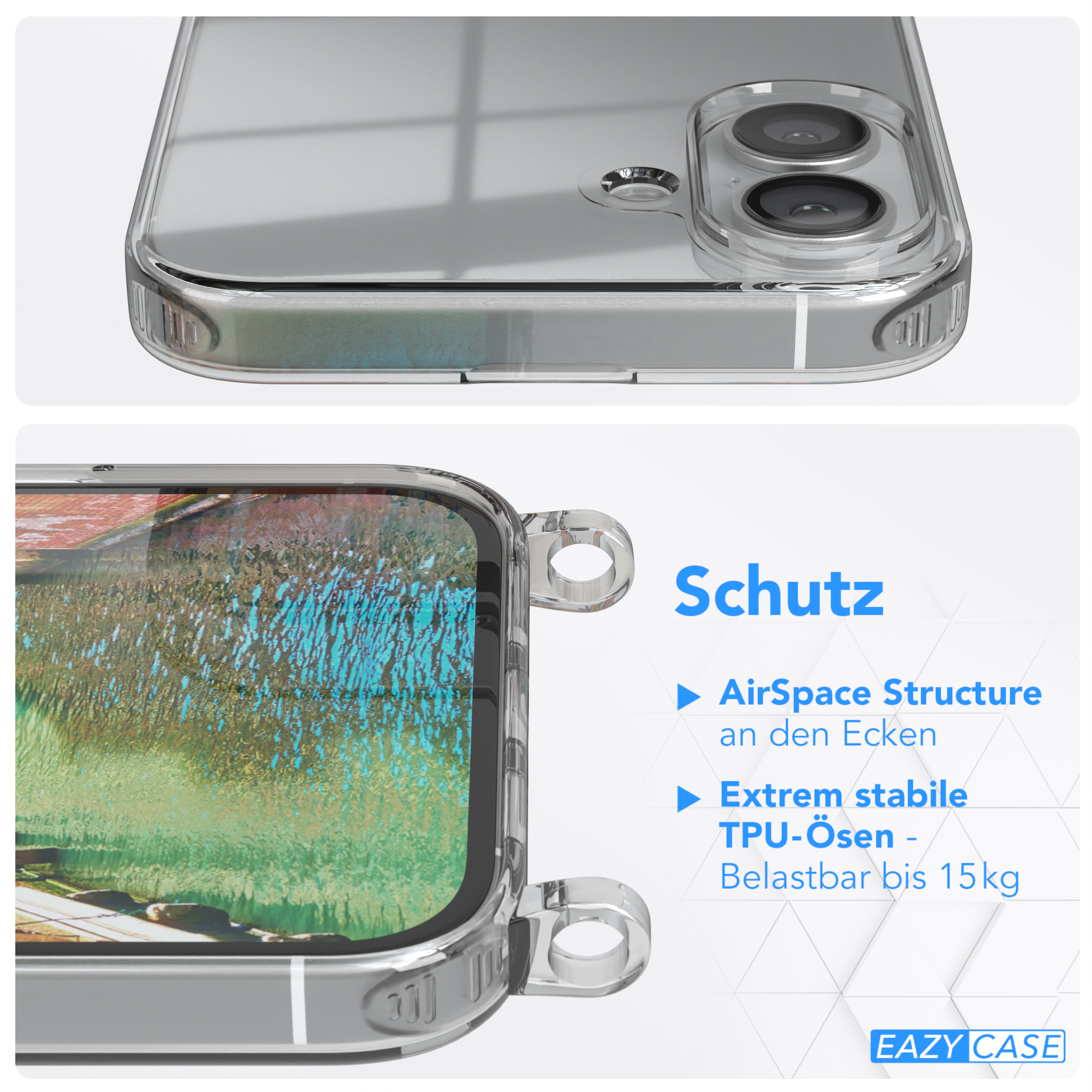 Nahaufnahme einer transparenten Handyhülle, die den Rand und die Designdetails der Hülle zeigt.