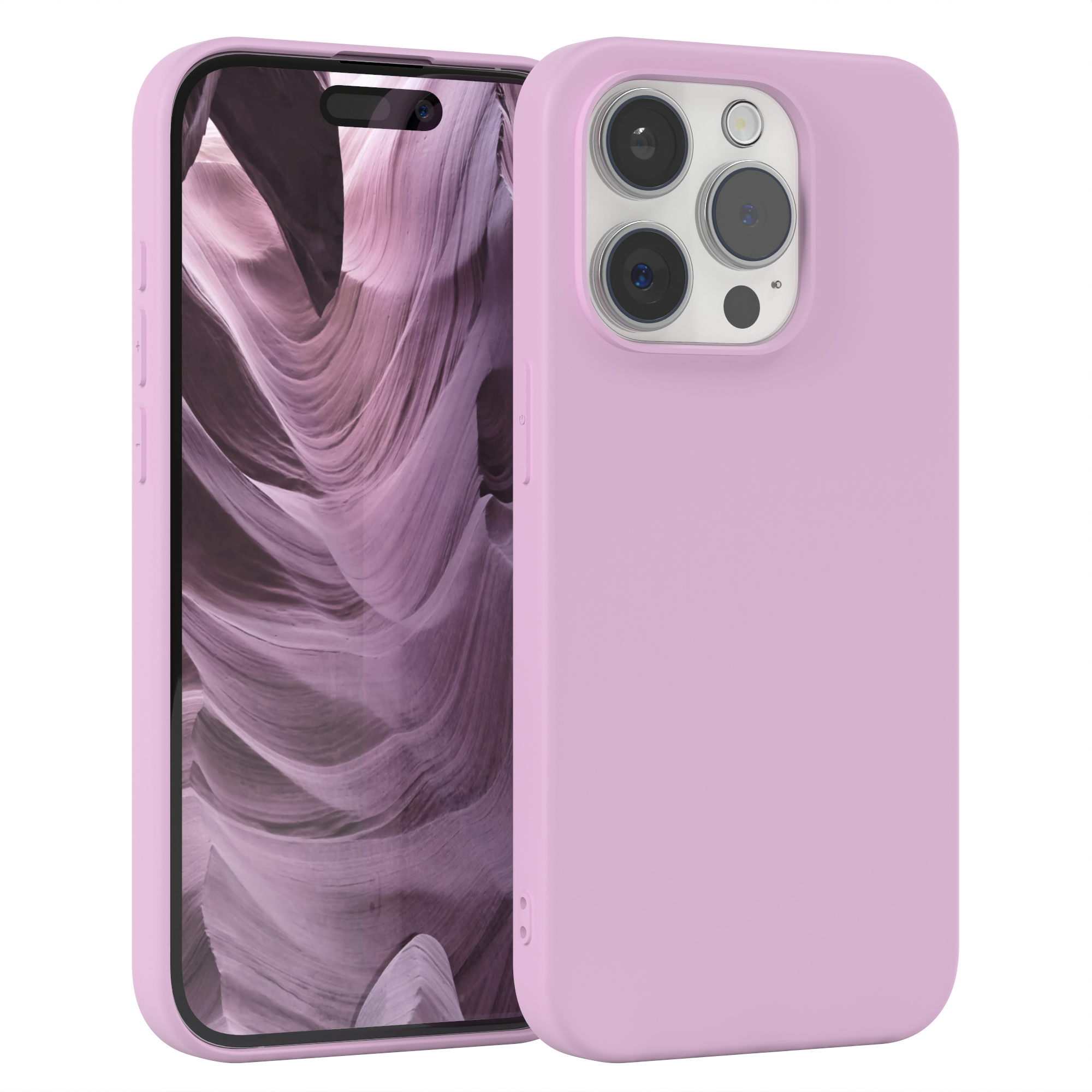 Rosa Handyhülle mit einem Telefon darin. Das Telefon hat eine Dreifachkamera.
