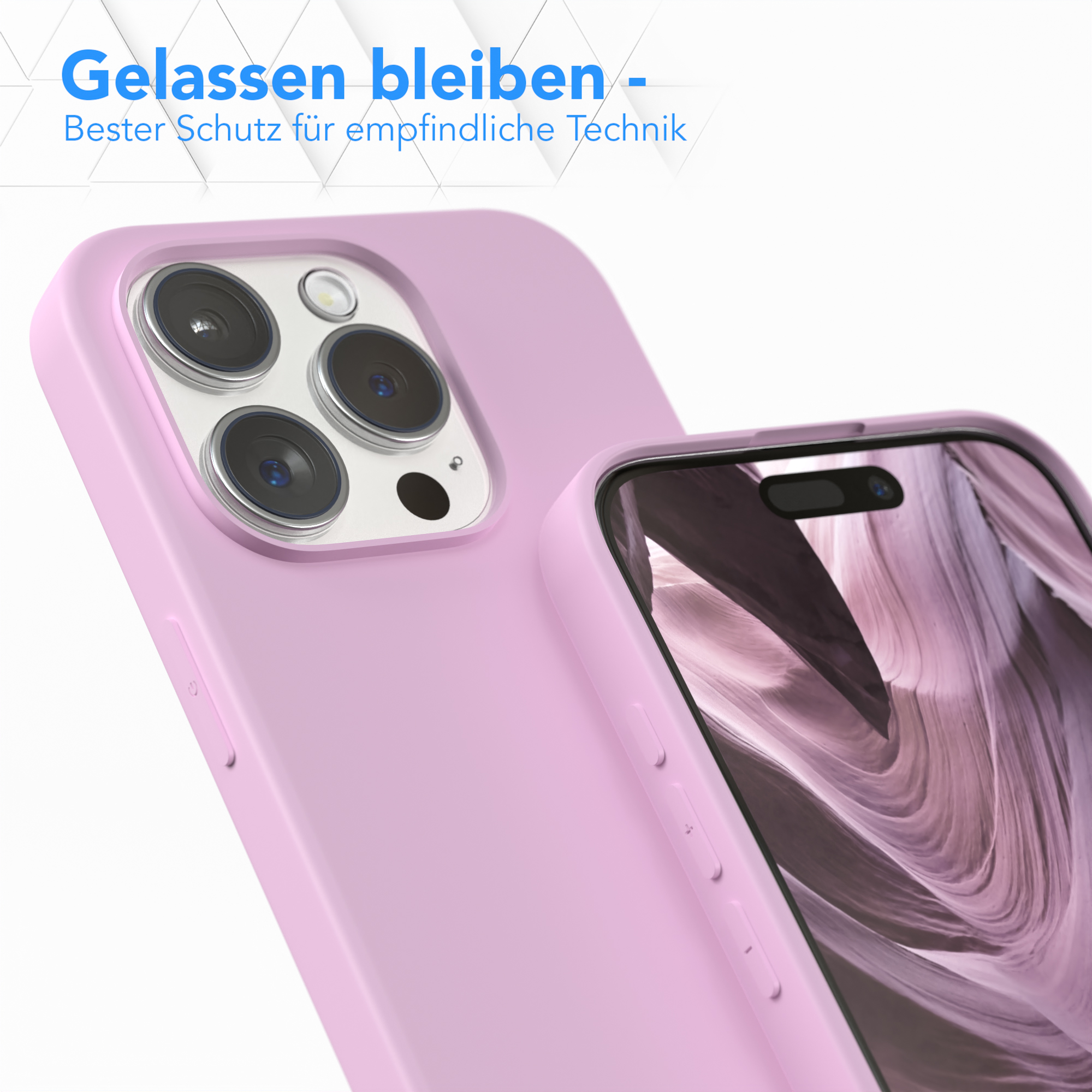 Pinkfarbene Handyhülle auf einem Handy, die Hülle hat Knöpfe und Löcher.