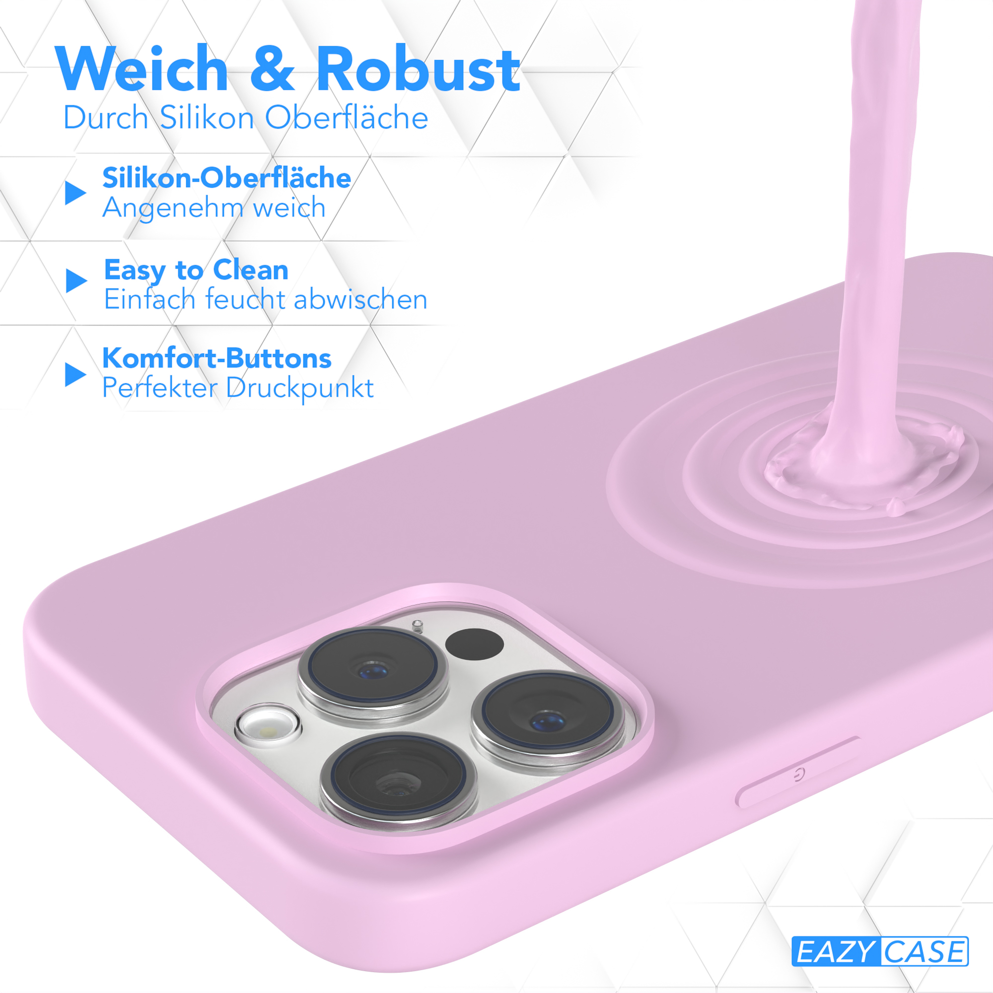 Ein rosa Handyhülle mit einer Flüssigkeit, die darauf gegossen wird. Text in Deutsch beschreibt Eigenschaften wie weiches Silikon.