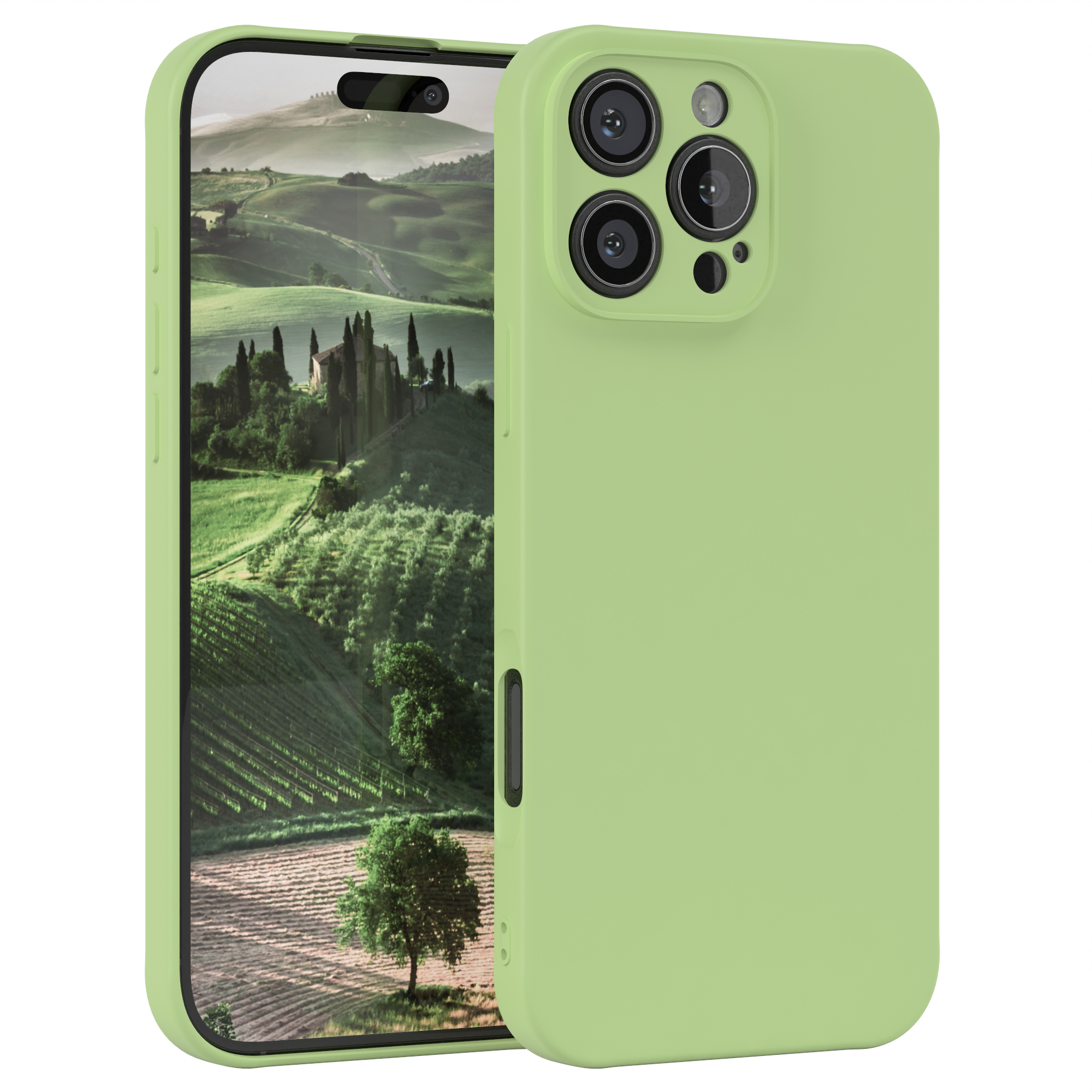Grüne Handyhülle auf einem Telefon, mit Landschaftshintergrund. Die Hülle bedeckt das Telefon.