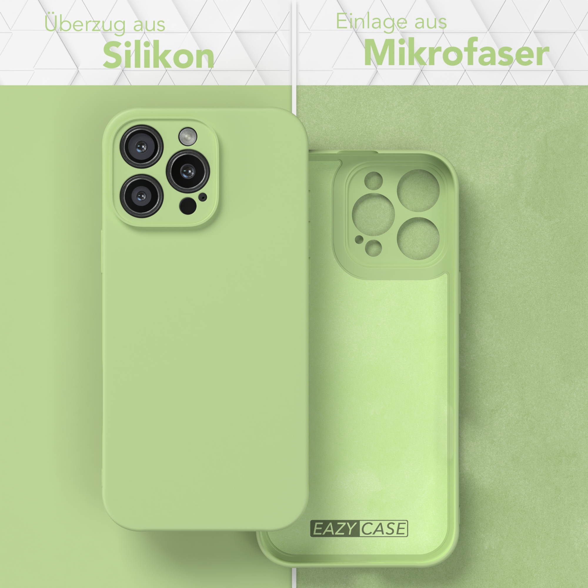 Zwei Handyhüllen, eine links ist transparent mit Telefon, die andere grün.
