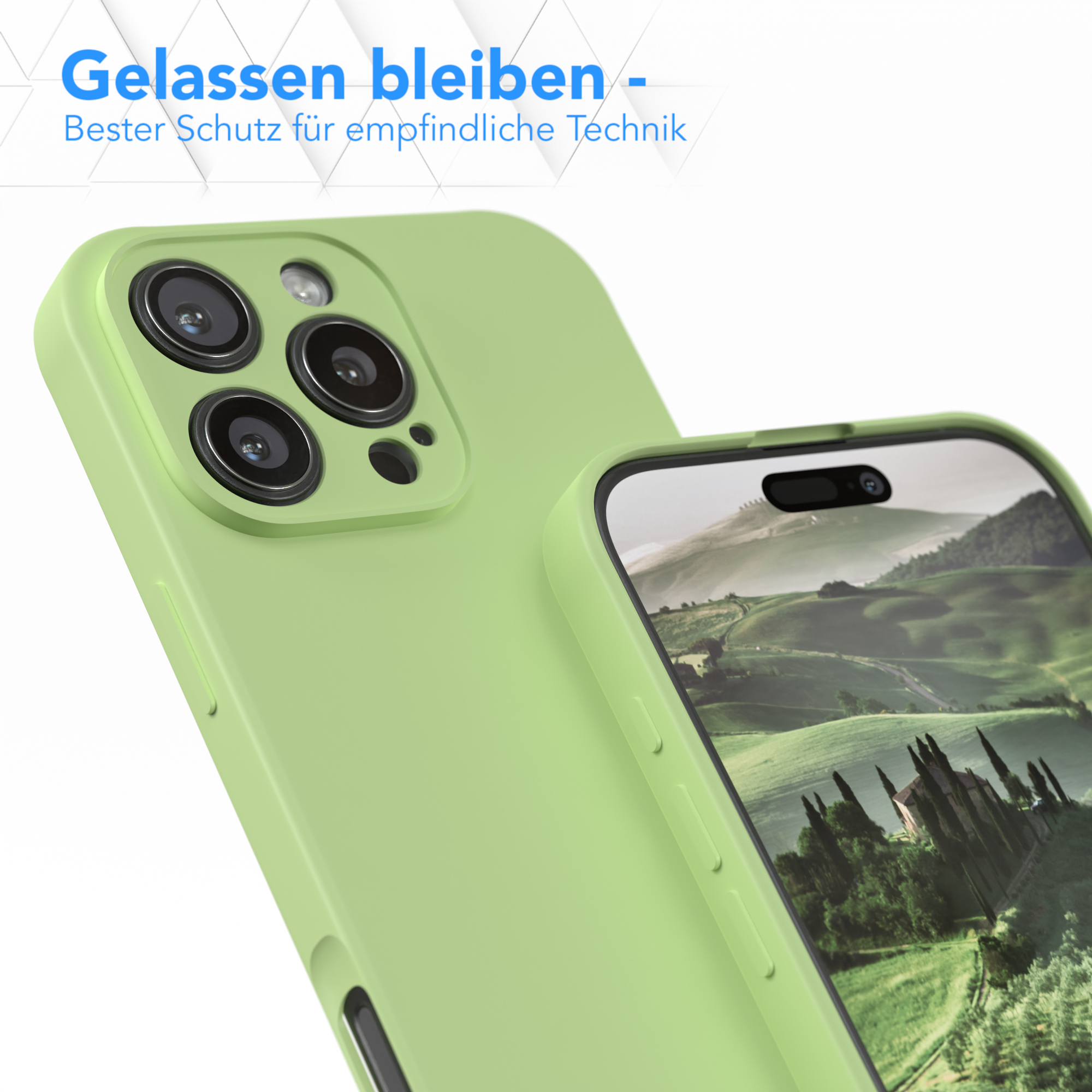Grüne Handyhülle auf Telefon, Nahaufnahme. Fokus auf Kameraausschnitte und Kanten.