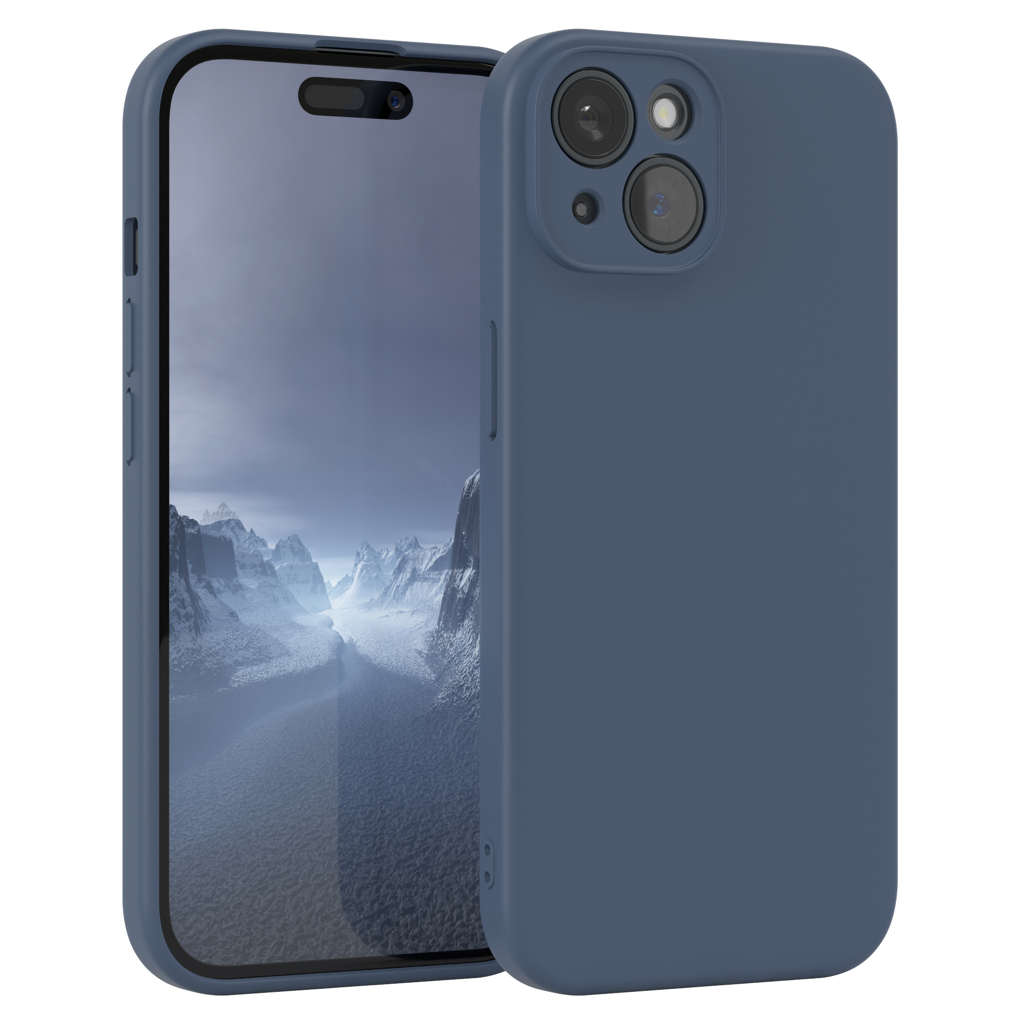 Marineblaues Telefon mit zwei Rückkameras. Es liegt flach.