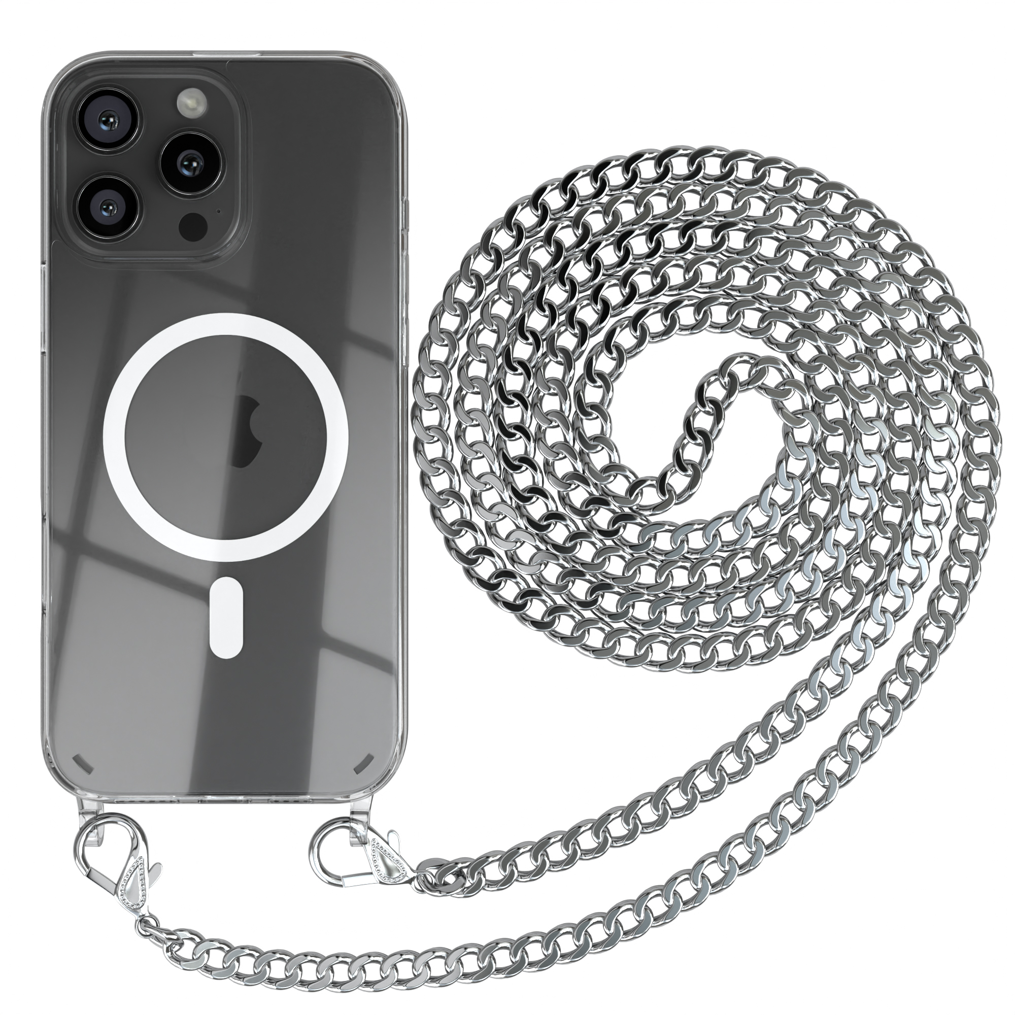 Transparente Handyhülle mit silberner Kette. Das Telefon ist klar und hat einen weißen Kreis.