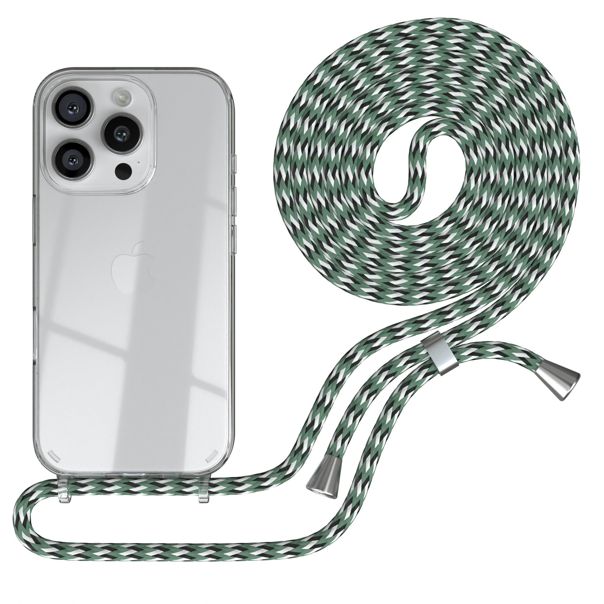 Handyhülle mit Lanyard. Das Lanyard ist grün, schwarz und weiß. Das Telefon ist klar.