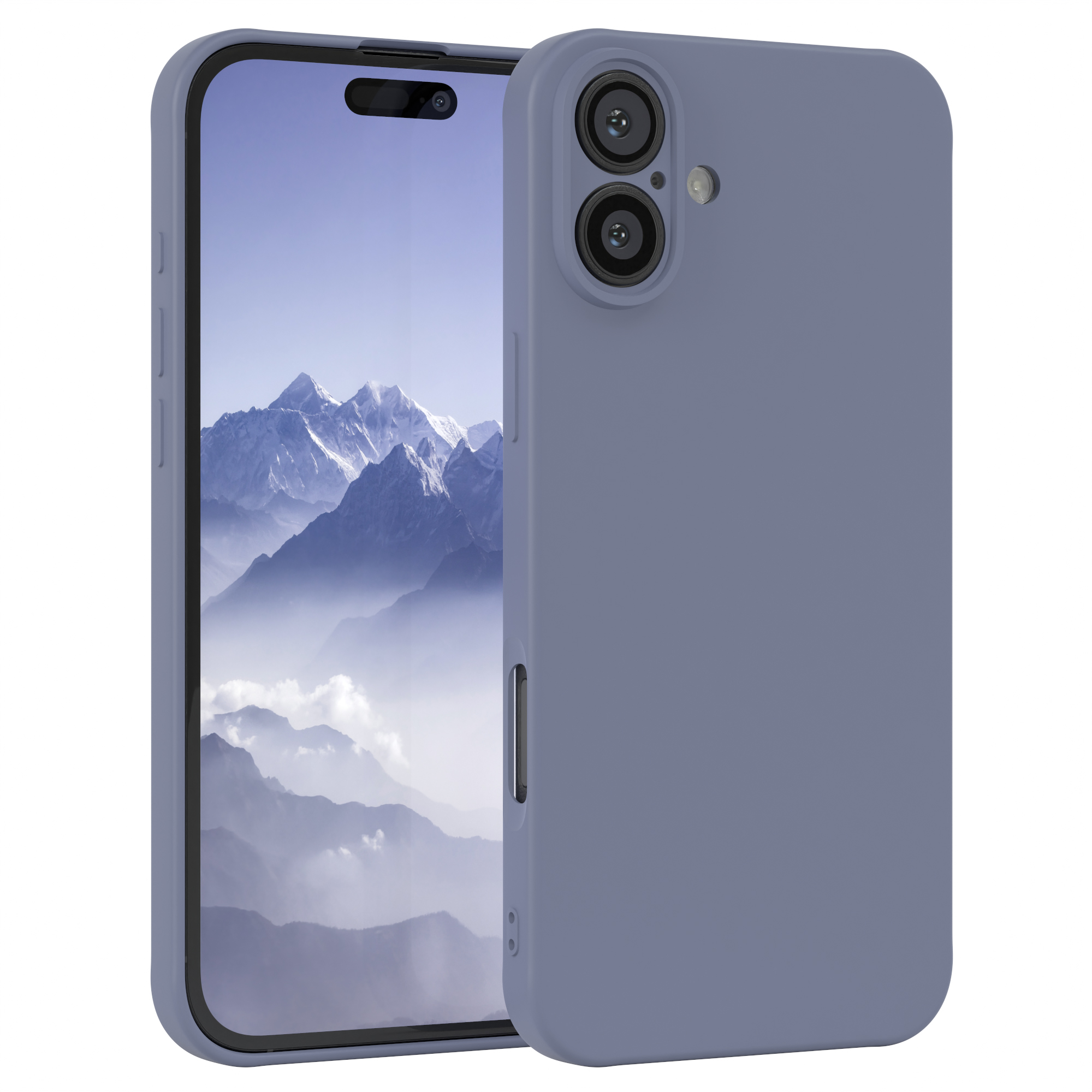 Ein blaues Telefon mit Hülle wird angezeigt. Der Bildschirm zeigt eine Berglandschaft. Die Handyhülle bedeckt Rückseite und Seiten.