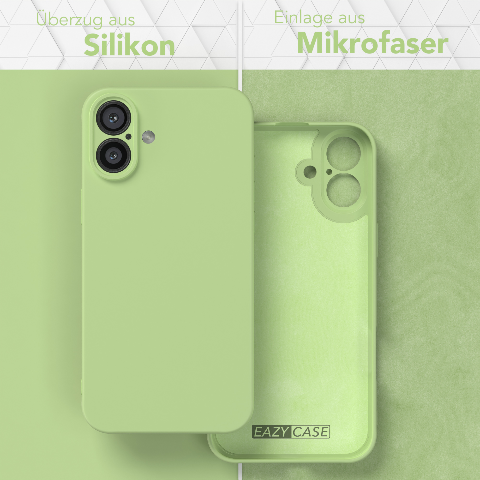 Grüne Handyhülle, geöffnet. Silikonhülle und Mikrofaserfutter. Grüner Hintergrund.