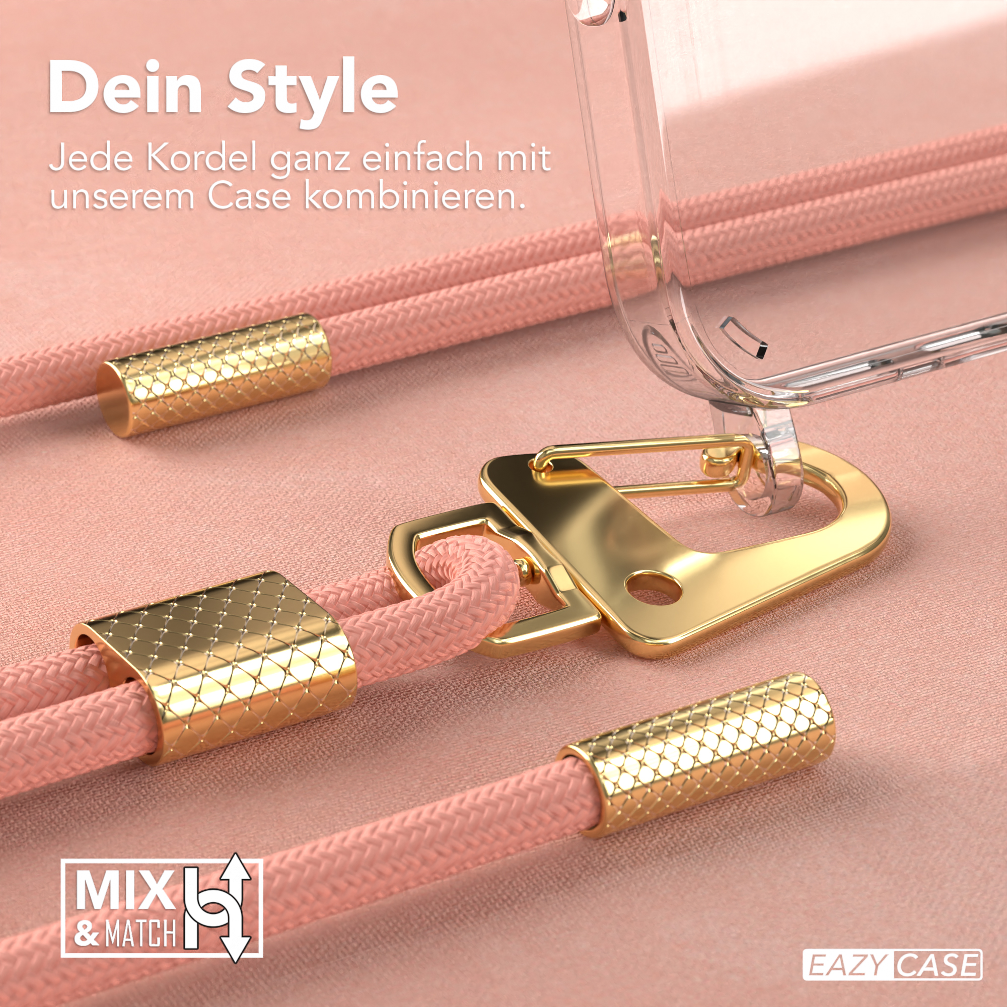 Nahaufnahme einer Handyhülle mit pinkfarbenem Kordel. Goldene Metalldetails sind sichtbar. Text unten.