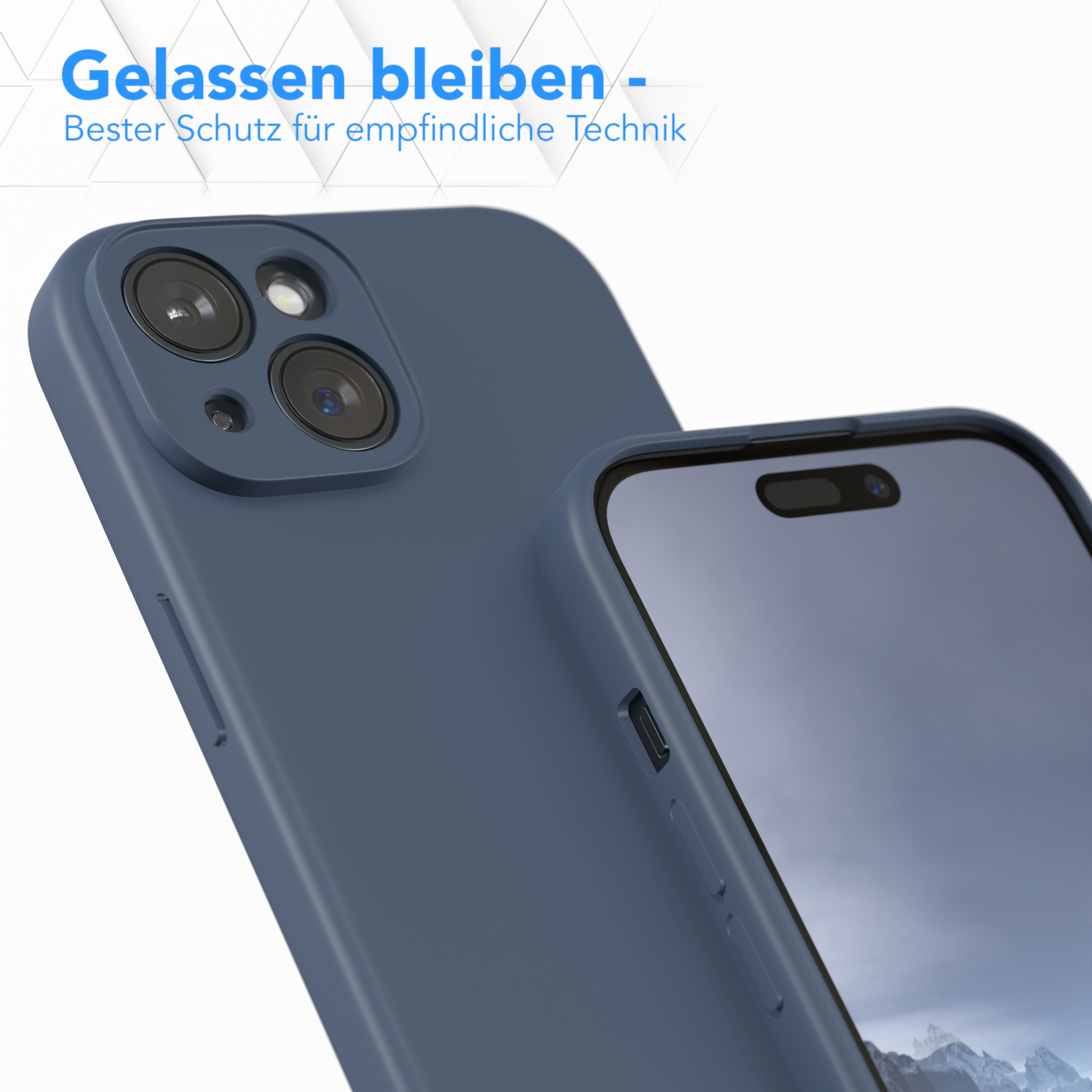 Nahaufnahme einer dunkelblauen Handyhülle auf einem Telefon. Die Hülle bedeckt Rückseite und Seiten.