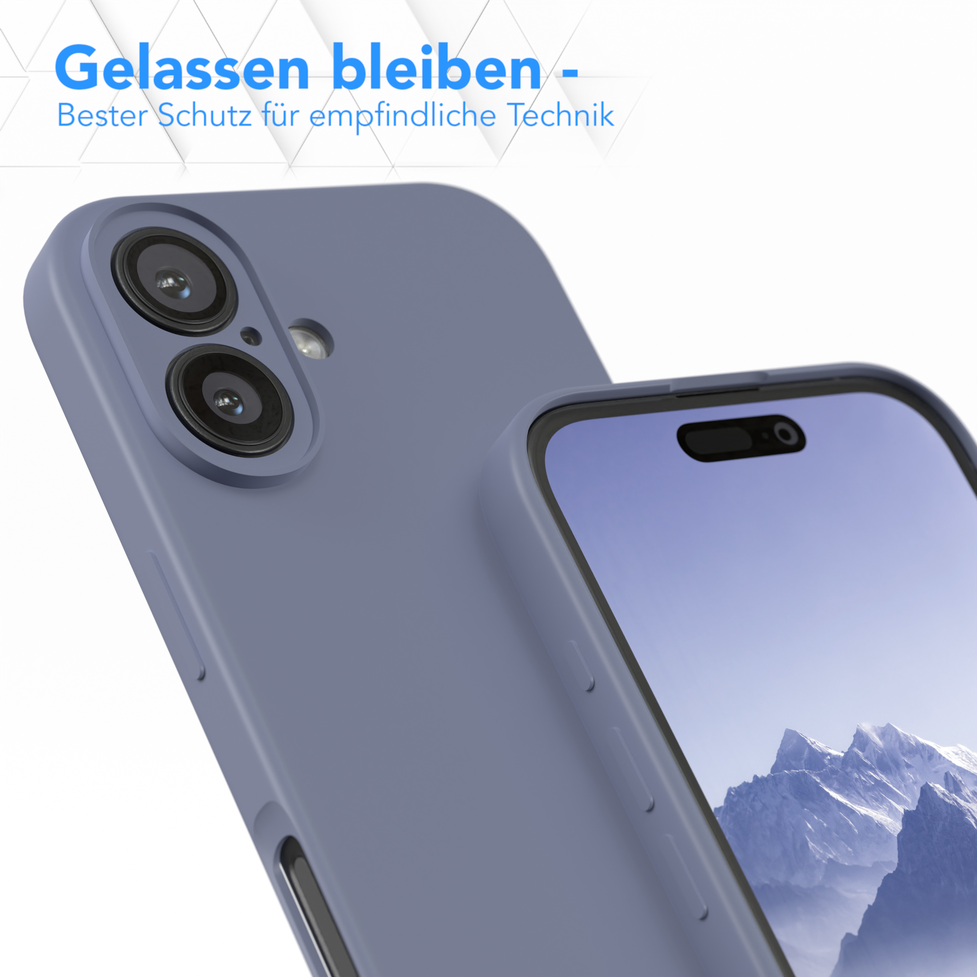 Blaue Handyhülle mit Telefon, Berge im Hintergrund. Text: 'Gelassen bleiben'.
