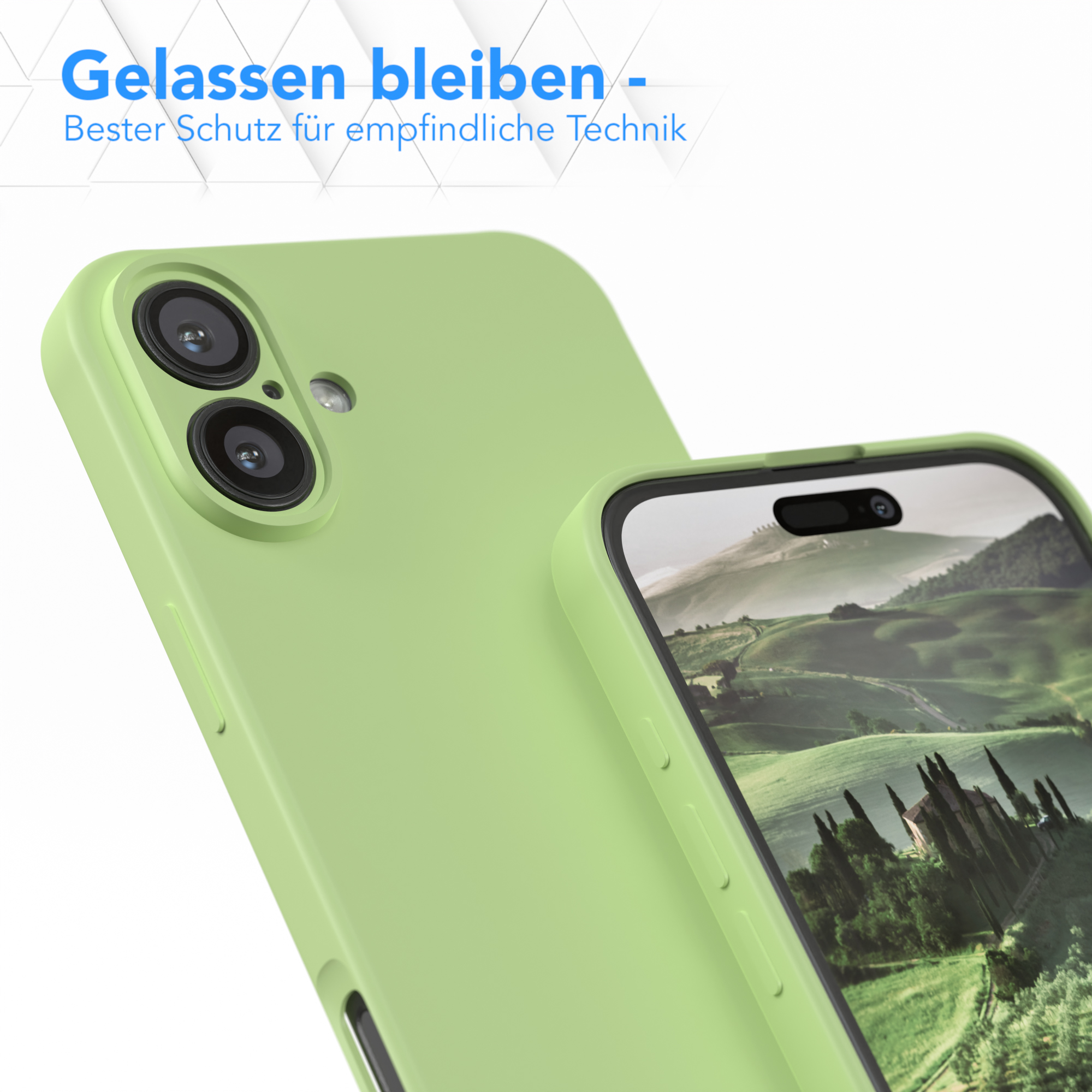 Eine grüne Handyhülle mit einem Telefon darin. Das Telefon zeigt eine Landschaft.