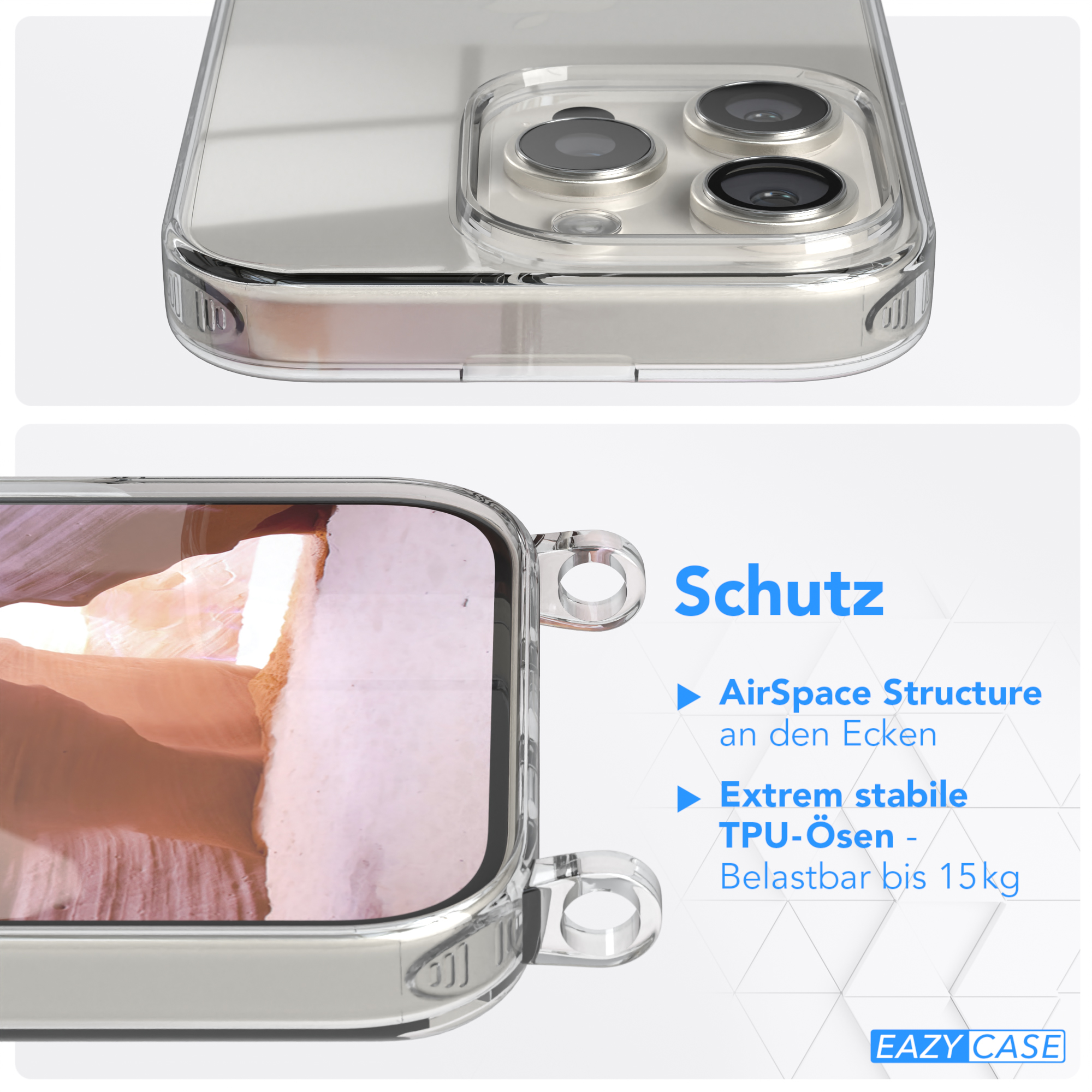 Nahaufnahme einer transparenten Handyhülle mit Text zum Schutz: AirSpace-Struktur und TPU-Ösen, belastbar bis 15 kg.