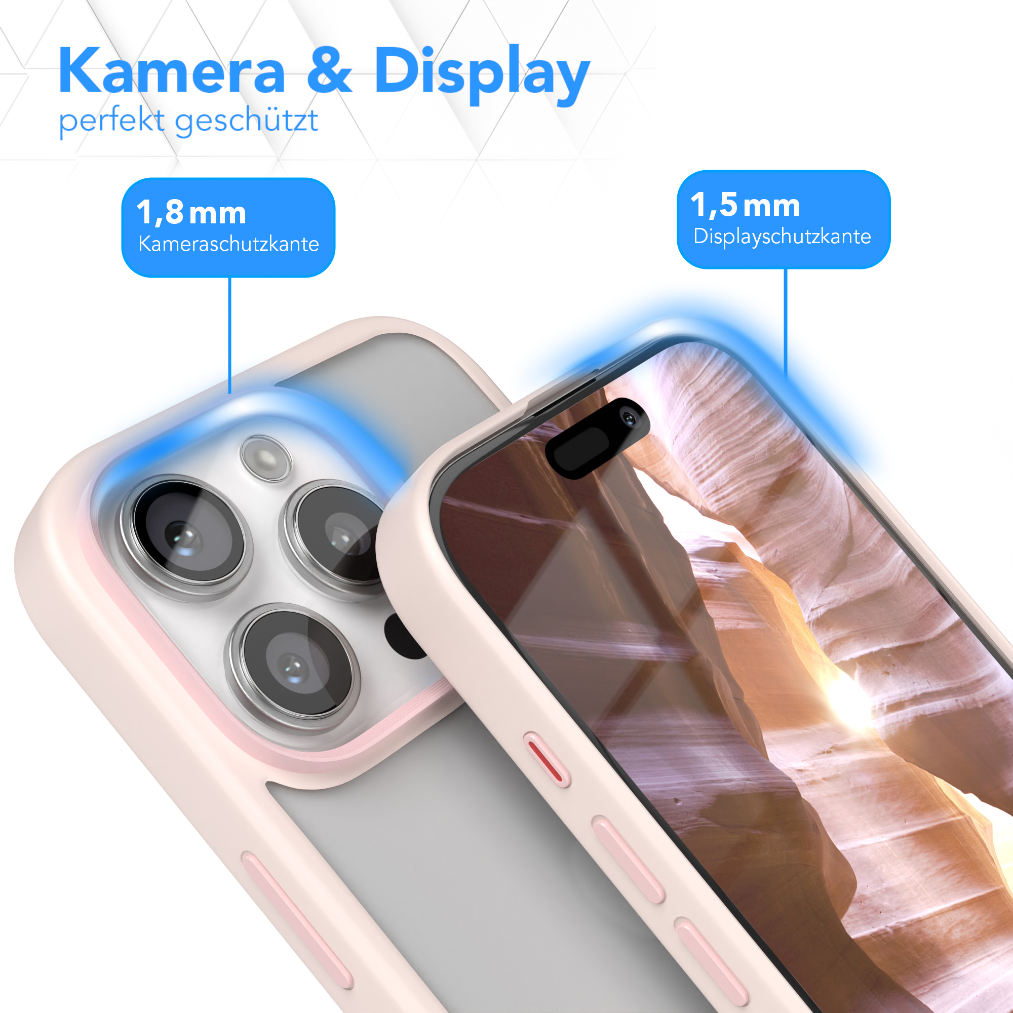 Rosa Handyhülle mit Kameraschutz. Die Hülle ist auf einem Telefon mit Bild auf dem Bildschirm.