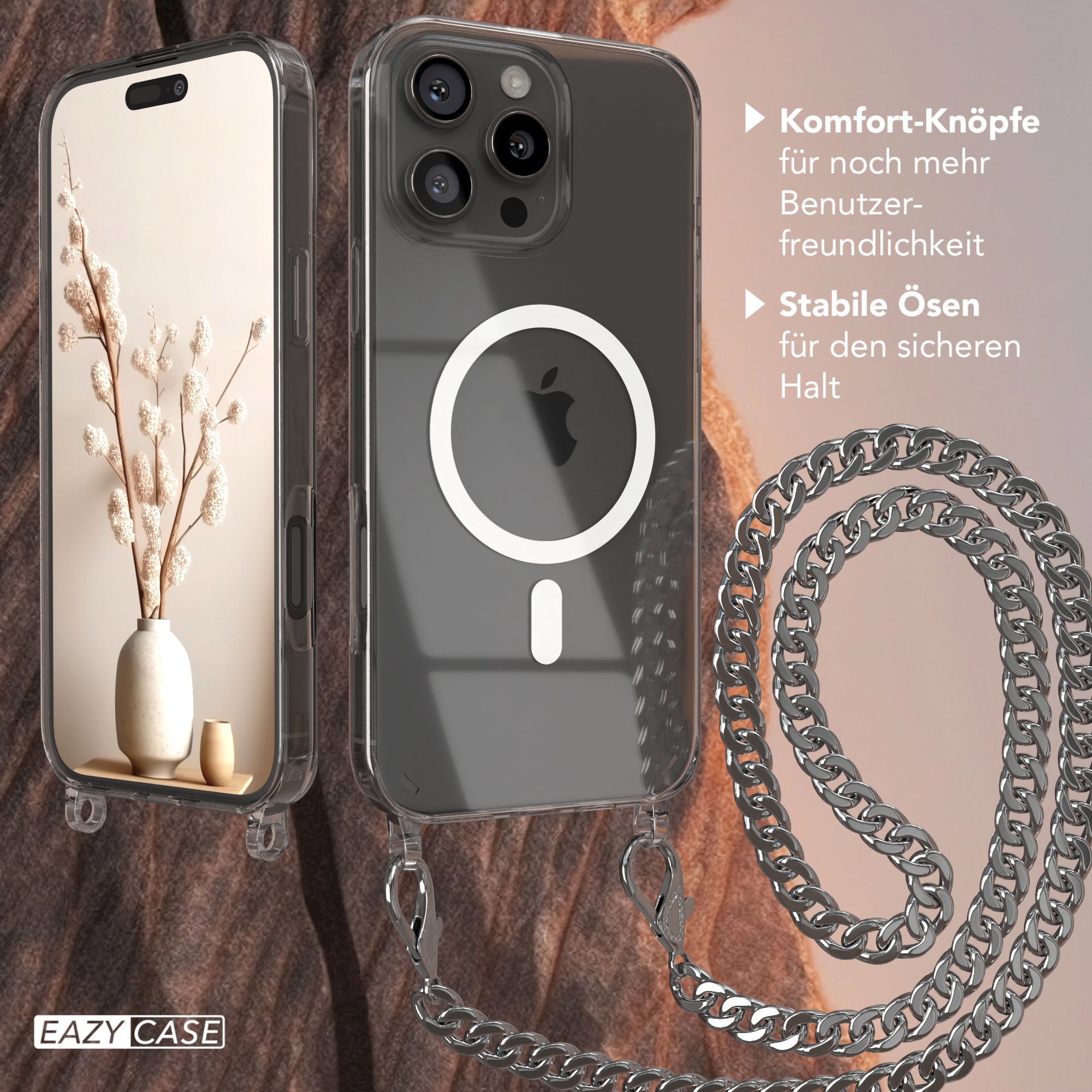 Transparente Handyhülle mit Kette. iPhone links, an Kette befestigt. Text erwähnt Komfort und Stabilität.