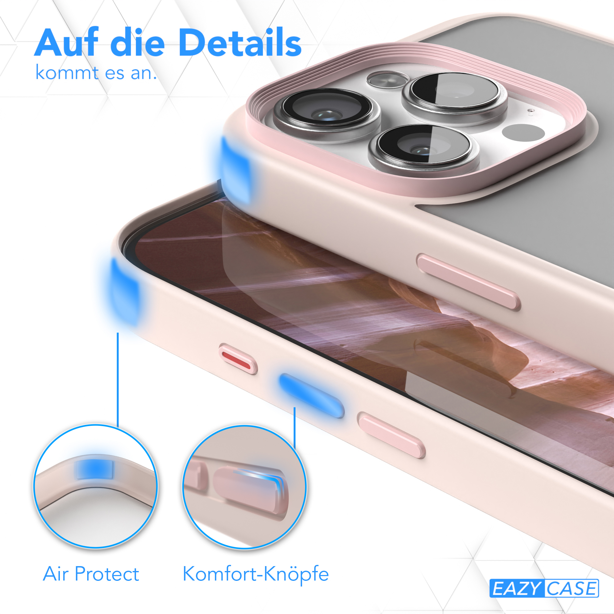 Nahaufnahme einer Handyhülle mit Designdetails. Rosa Telefon mit rosa Hülle und Knöpfen. Text auf Deutsch.