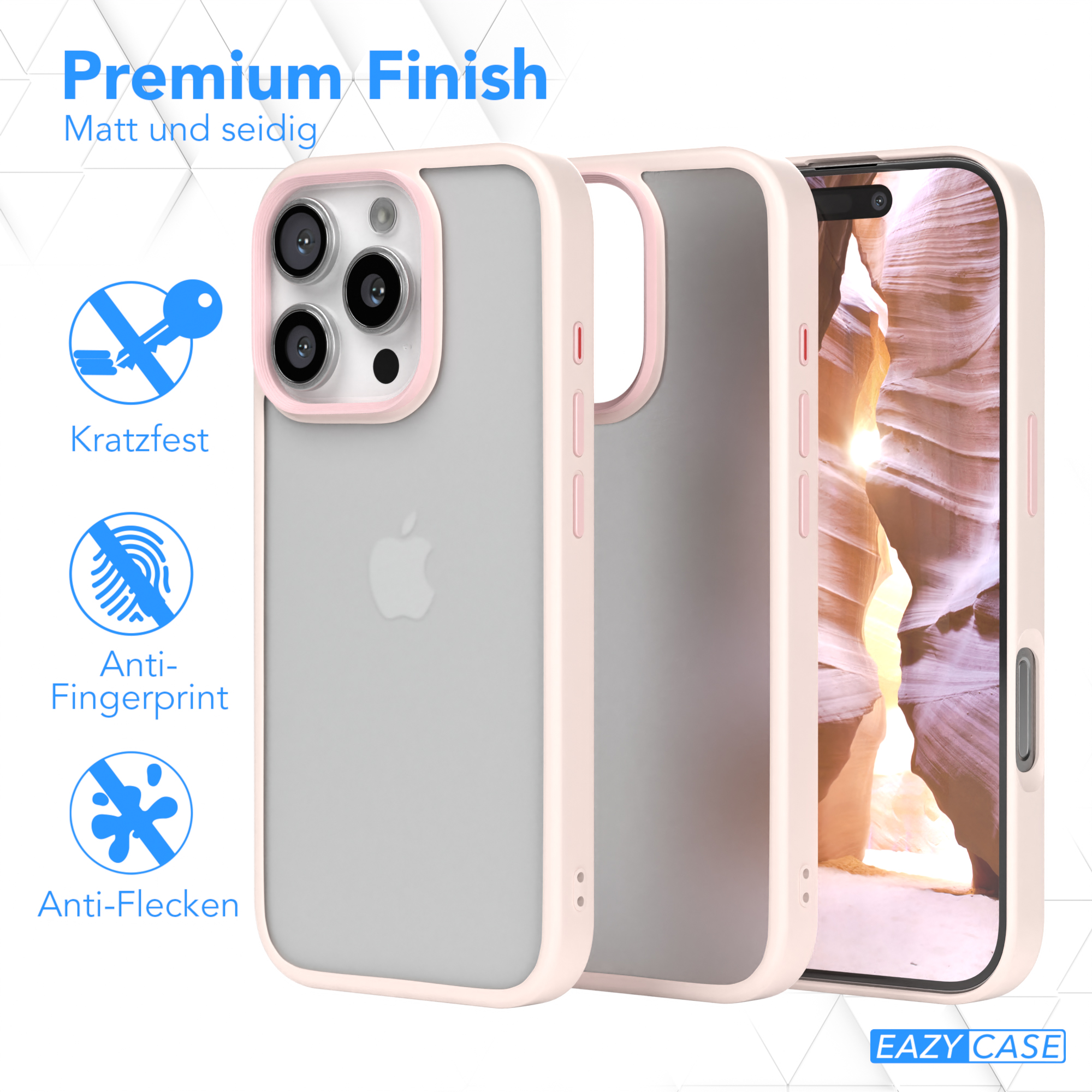 Rosa iPhone-Hülle mit einem iPhone darin, zeigt Funktionen wie Anti-Fingerprint und kratzfest.