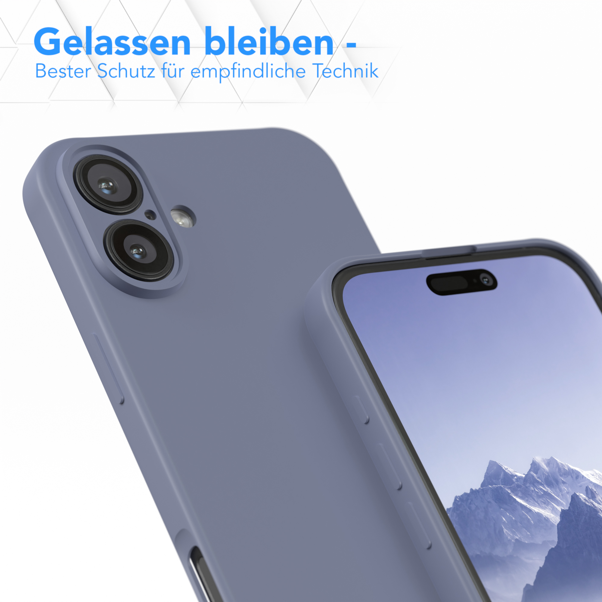 Eine blaue Handyhülle. Der Bildschirm des Telefons ist sichtbar. Text steht auf dem Gehäuse.