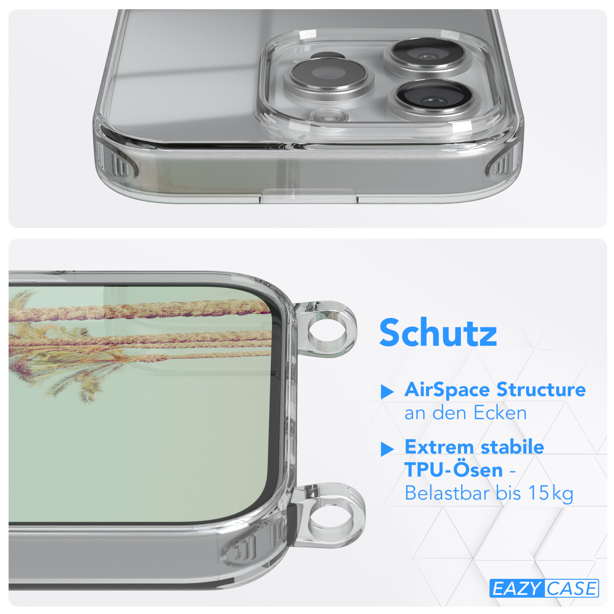 Transparente Handyhülle mit Text und Pfeilen, die auf Merkmale zeigen: AirSpace-Struktur und TPU-Ösen. Weißer Hintergrund.