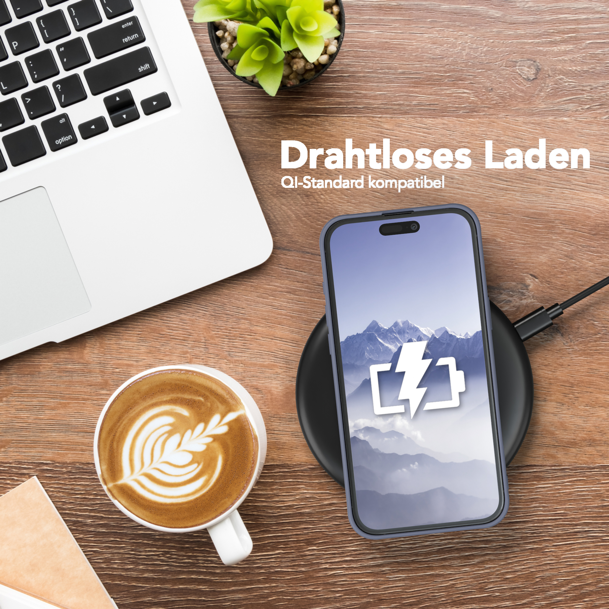 Telefon lädt kabellos. Daneben Kaffee und Laptop. Text: Kabelloses Laden.