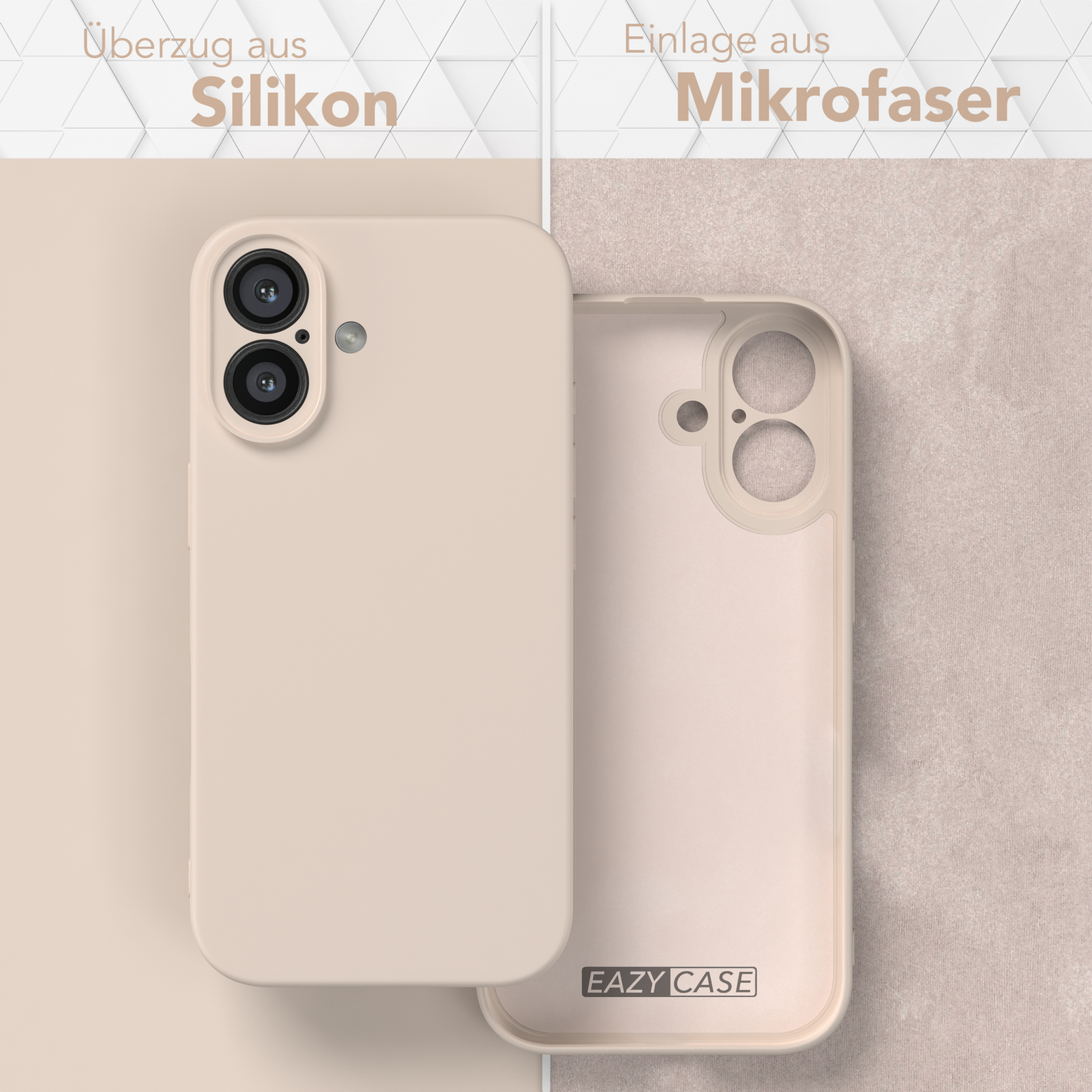 Zwei Handyhüllen, eine links und eine rechts. Eine ist hellbeige und die andere ist offen. Der Hintergrund ist beige.