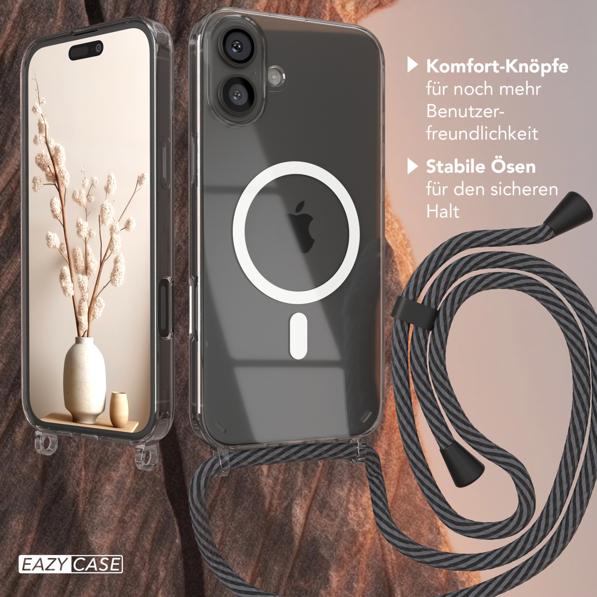 Telefonhülle mit Schlüsselband, zeigt ein Telefon im Inneren und eine Blumenvase im Hintergrund.
