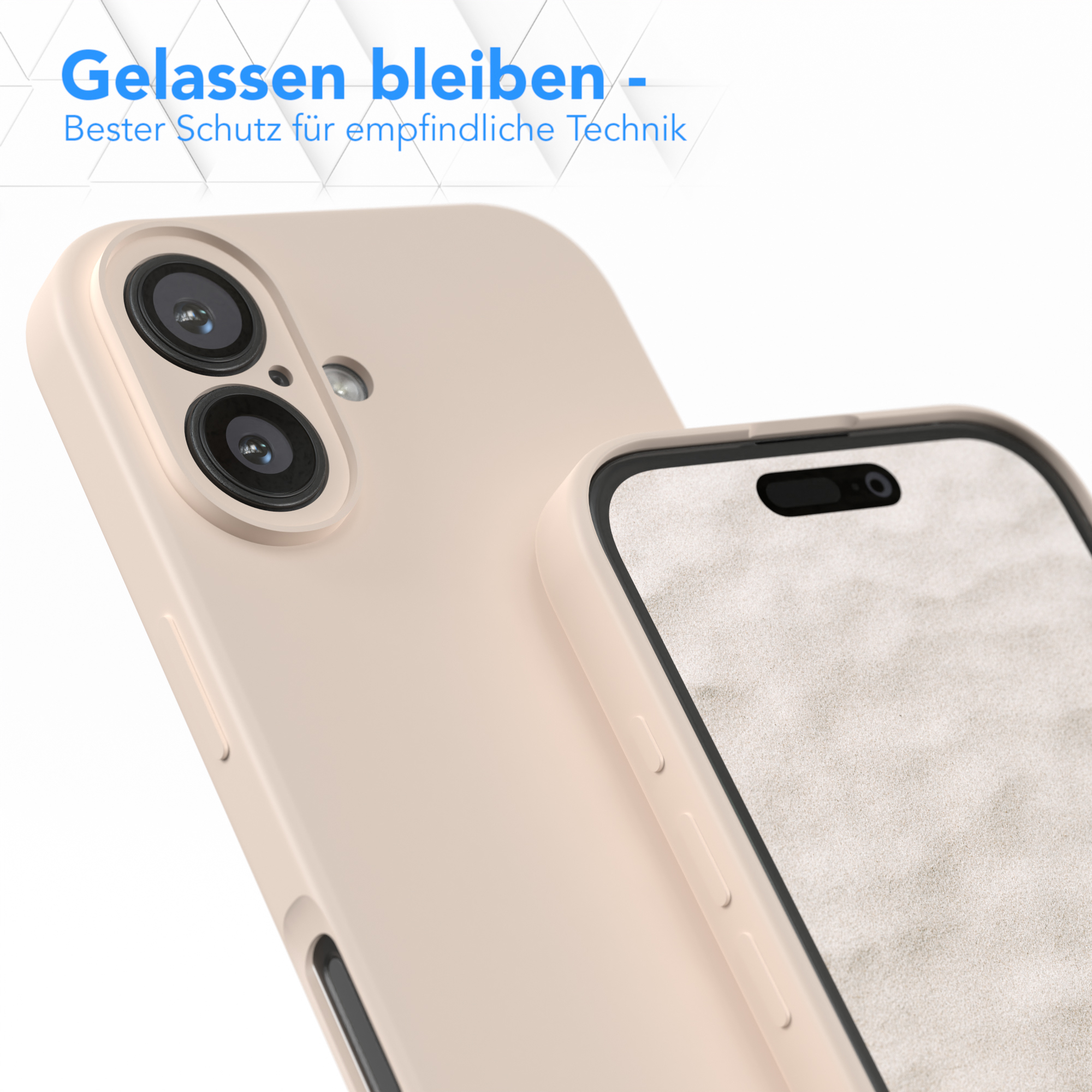 Nahaufnahme einer Handyhülle und eines Telefons. Hülle beige, Telefon mit mehreren Linsen.