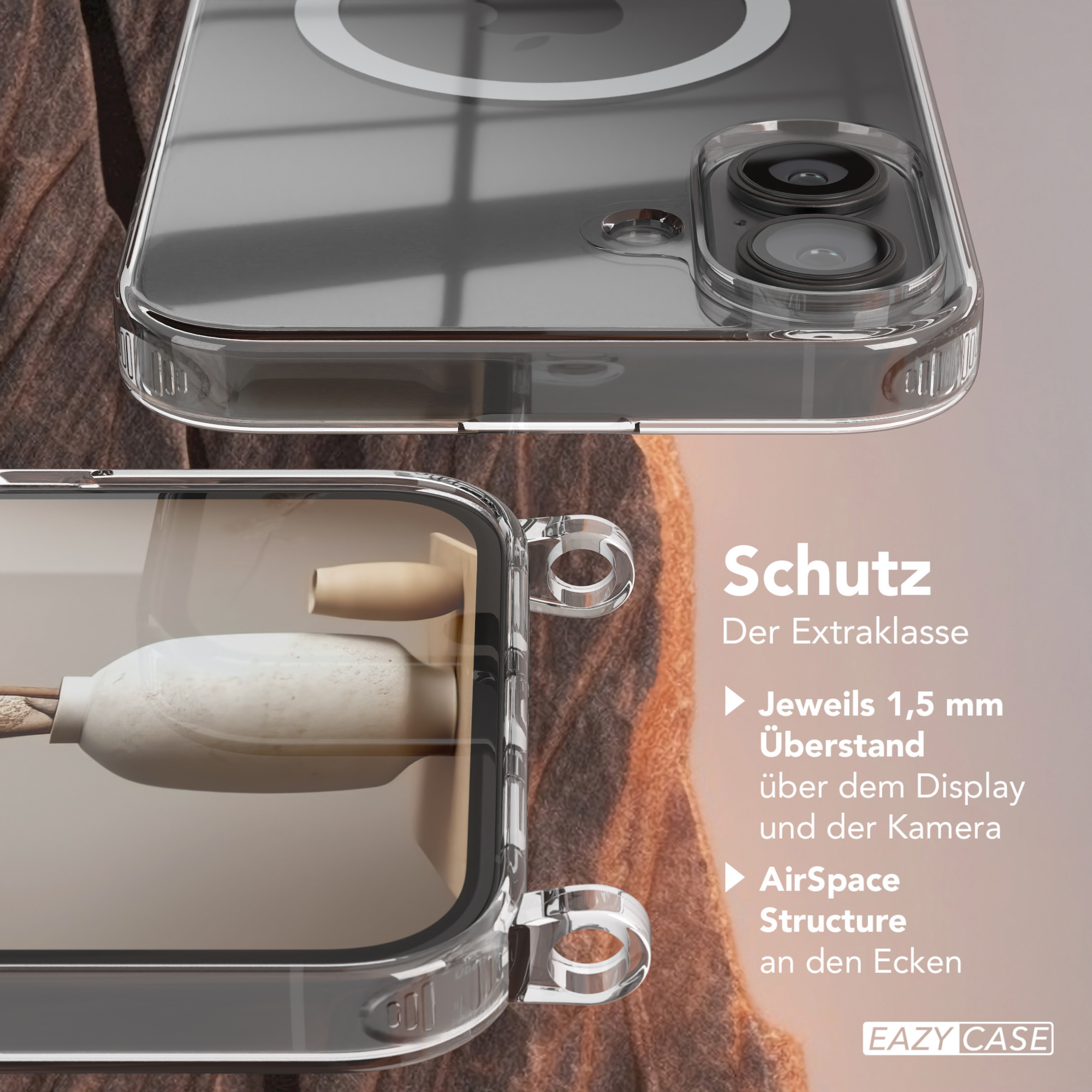 Nahaufnahme einer transparenten Handyhülle mit Telefon. Text zeigt zusätzlichen Schutz.