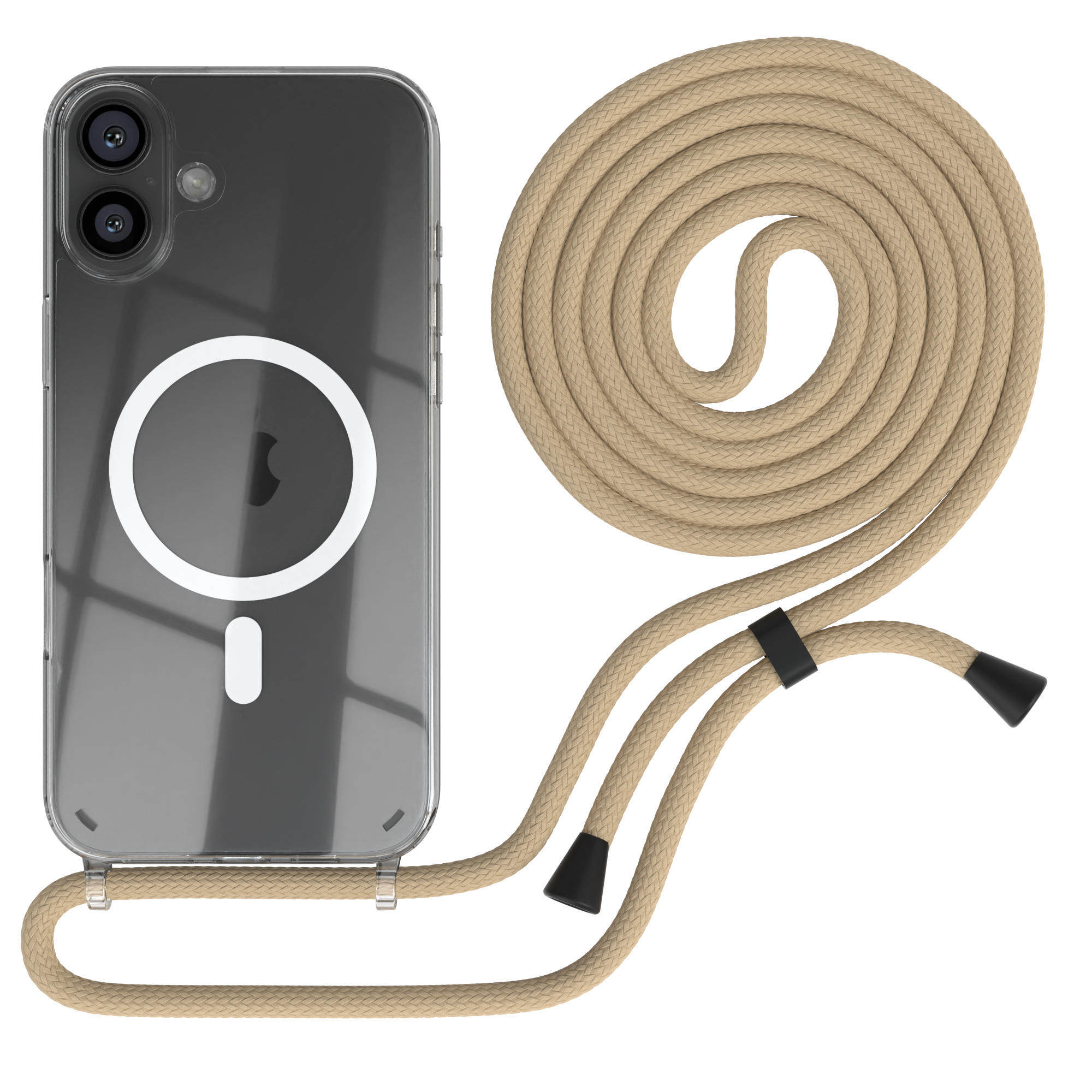 Transparente Handyhülle mit beigem Seil und Telefon. Die Hülle ist auf weißem Hintergrund.